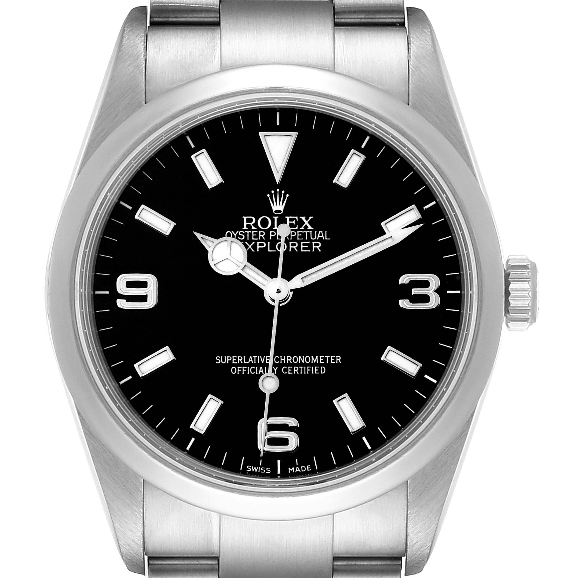 The image shows a front view of the Rolex Explorer 114270 Men's Stainless Steel Black Dial 114270 Men's Stainless Steel Black Dial watch, highlighting its black dial, crown, and stainless steel bracelet.