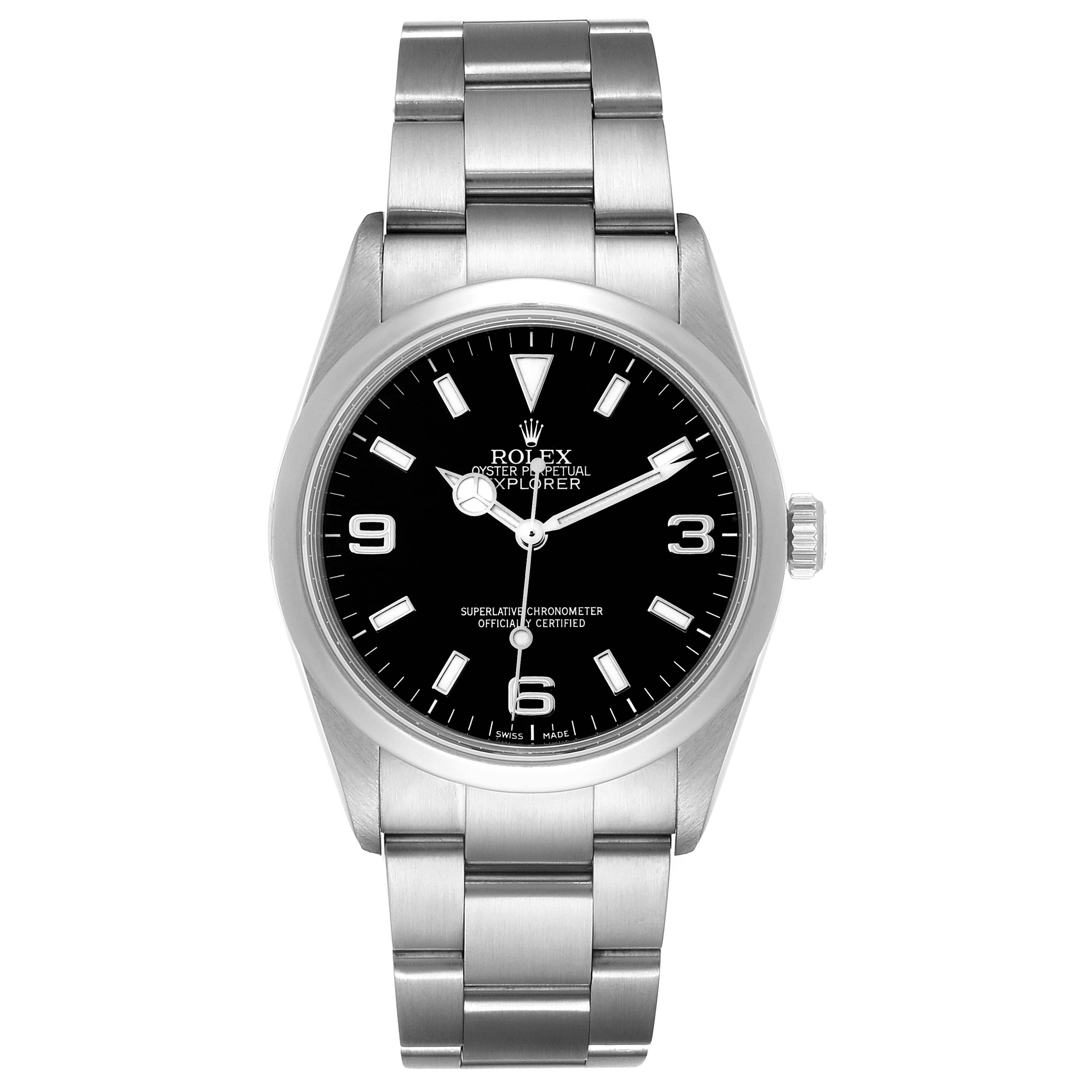 This image shows a front view of the Rolex Explorer 114270 Men's Stainless Steel Black Dial 114270 Men's Stainless Steel Black Dial watch, displaying its dial, hands, and bracelet.