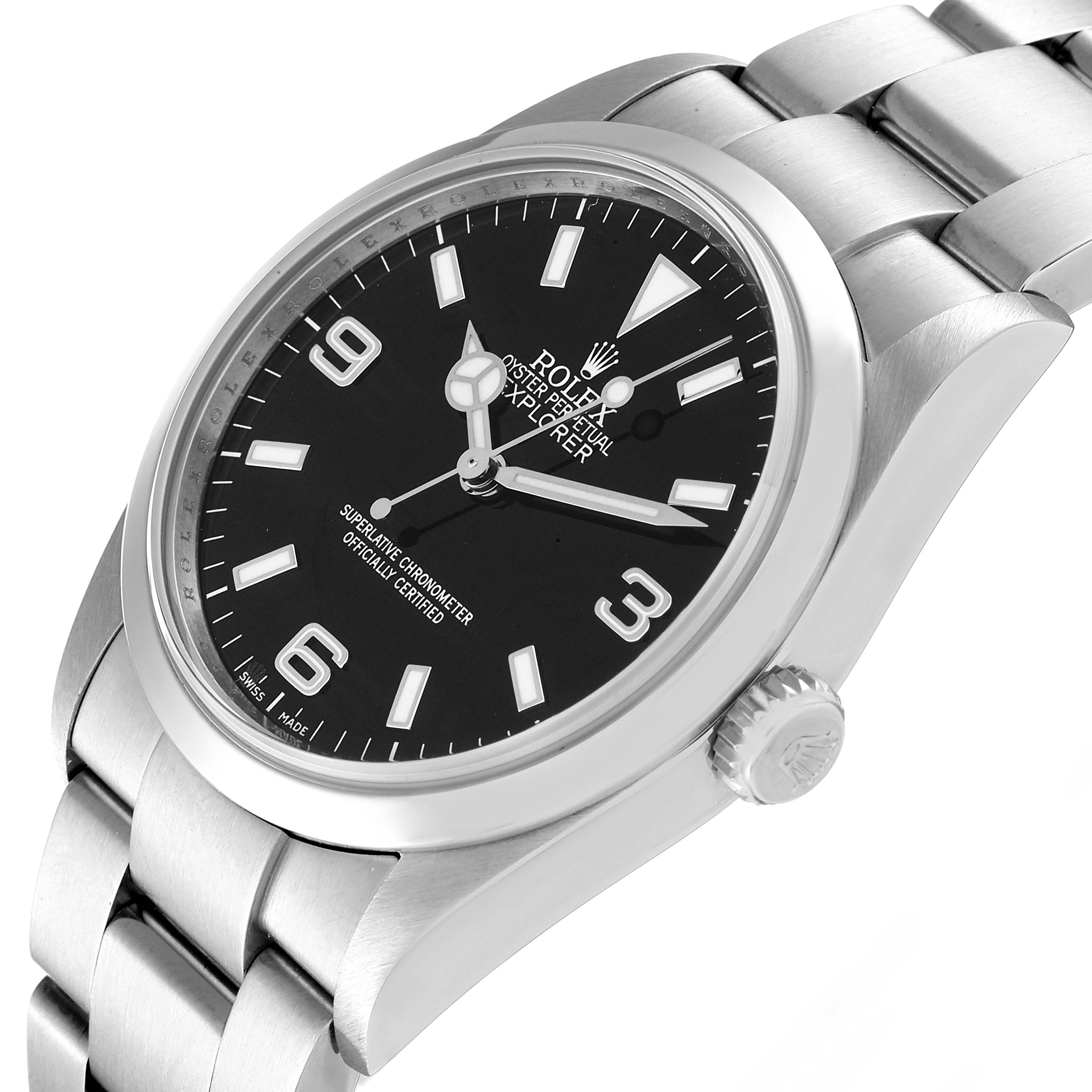 The Rolex Explorer 114270 Men's Stainless Steel Black Dial 114270 Men's Stainless Steel Black Dial watch is shown at a slight angle, displaying its black dial, crown, and part of the stainless steel bracelet.