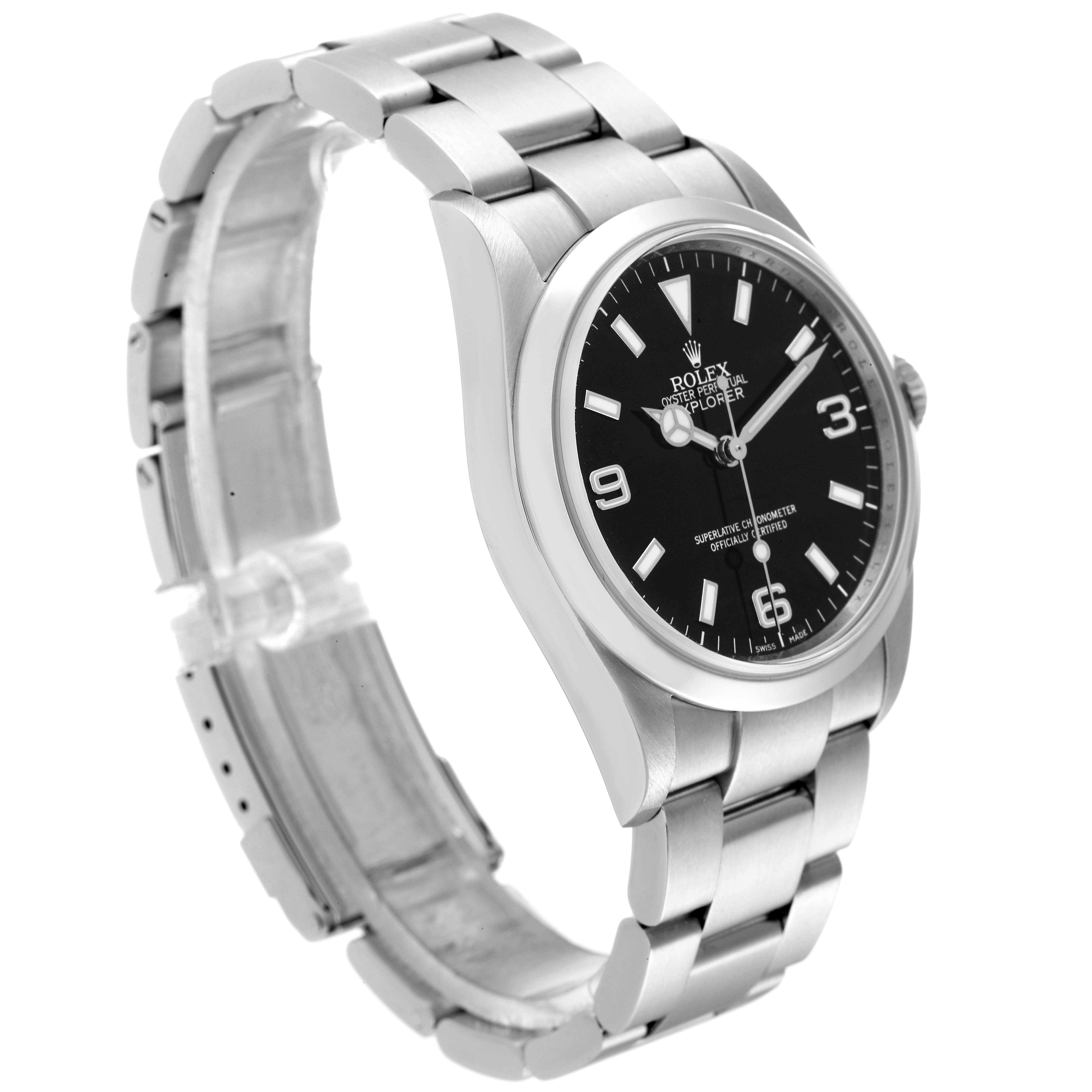 The Rolex Explorer 114270 Men's Stainless Steel Black Dial 114270 Men's Stainless Steel Black Dial watch is shown at a three-quarter angle, displaying the face, bracelet, and part of the clasp.