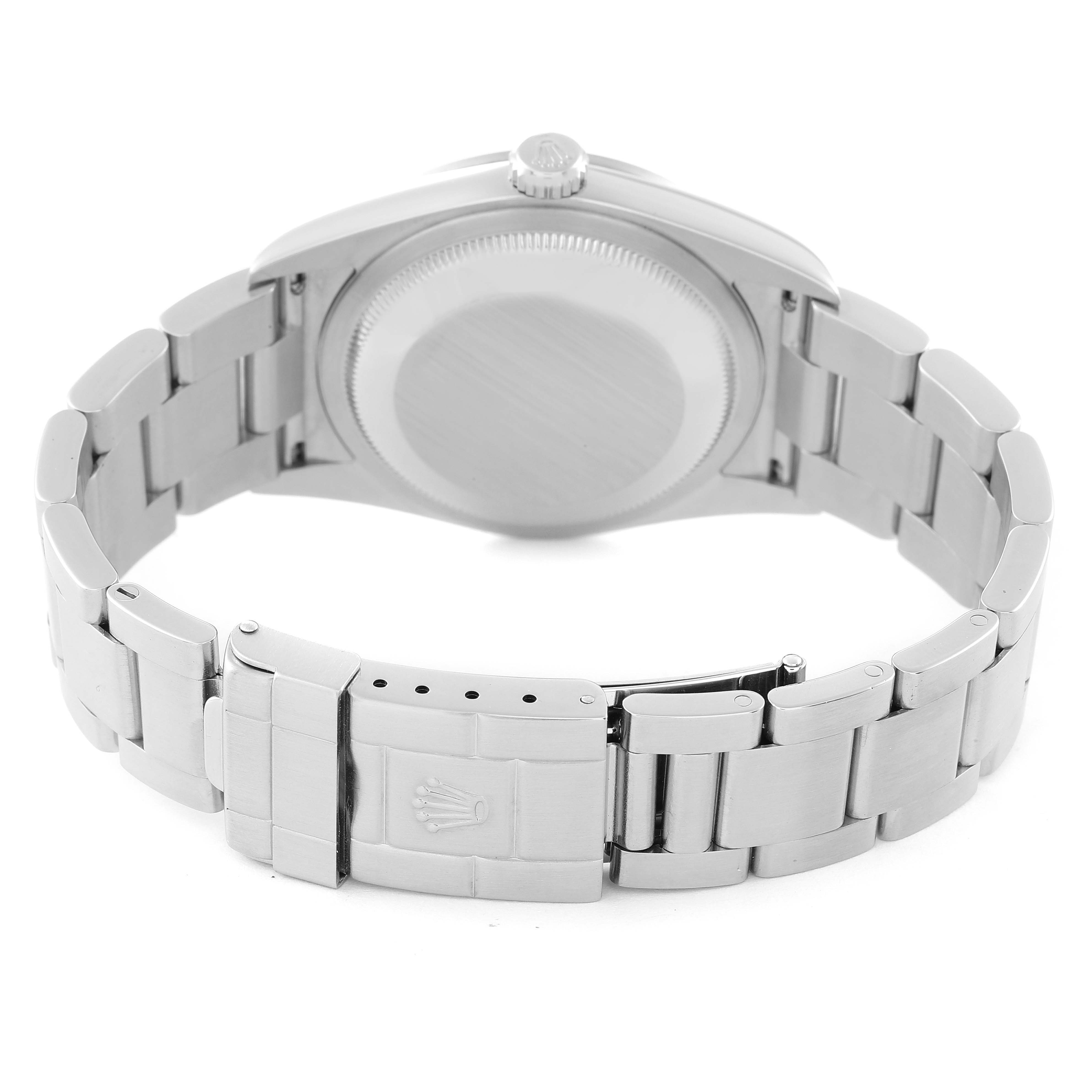 The image shows the back and bracelet of a Rolex Explorer 114270 Men's Stainless Steel Black Dial 114270 Men's Stainless Steel Black Dial model watch, angled to display the clasp and screw-down case back.