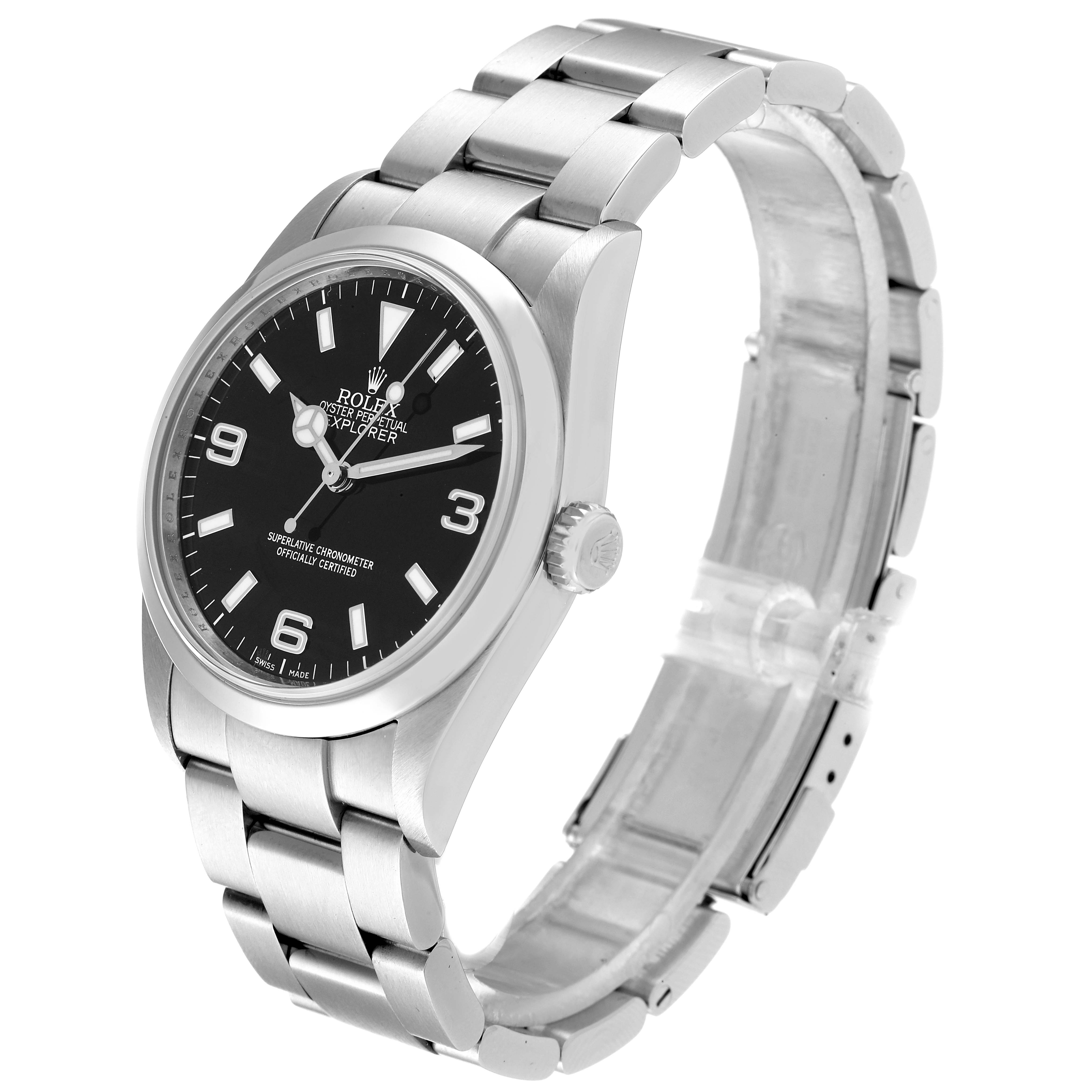 The image shows a side-angle view of the Rolex Explorer 114270 Men's Stainless Steel Black Dial 114270 Men's Stainless Steel Black Dial watch displaying its face, crown, and stainless steel bracelet.