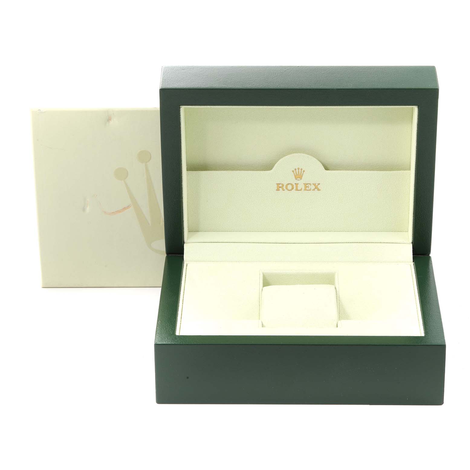 The image shows an open Rolex Explorer 114270 Men's Stainless Steel Black Dial 114270 Men's Stainless Steel Black Dial watch box with green exterior and beige interior, highlighting the cradle and logo.