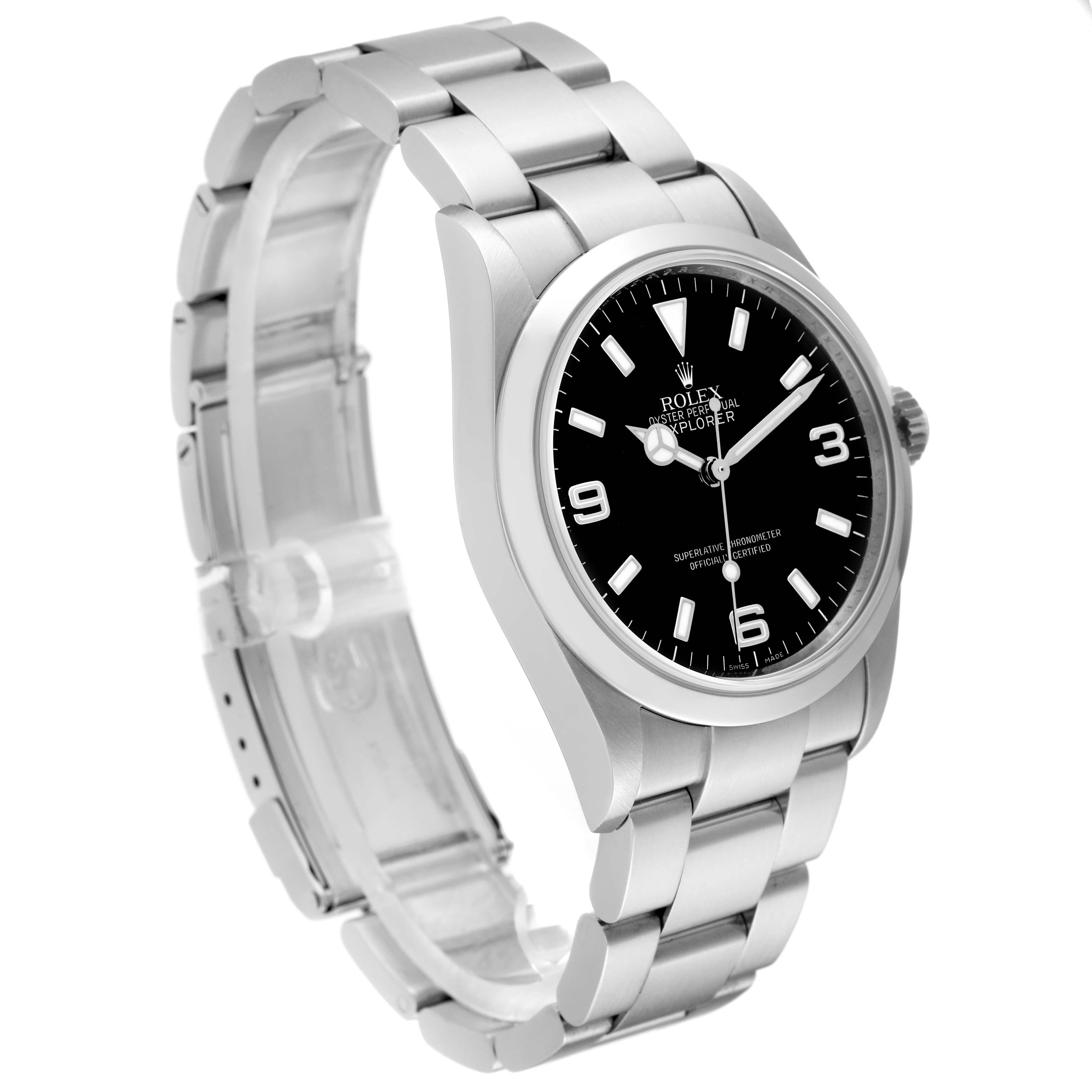 The Rolex Explorer 114270 Men
s Stainless Steel Black Dial 114270 Men
s Stainless Steel Black Dial model watch is shown at a slight angle, displaying its bracelet, case, bezel, and dial.