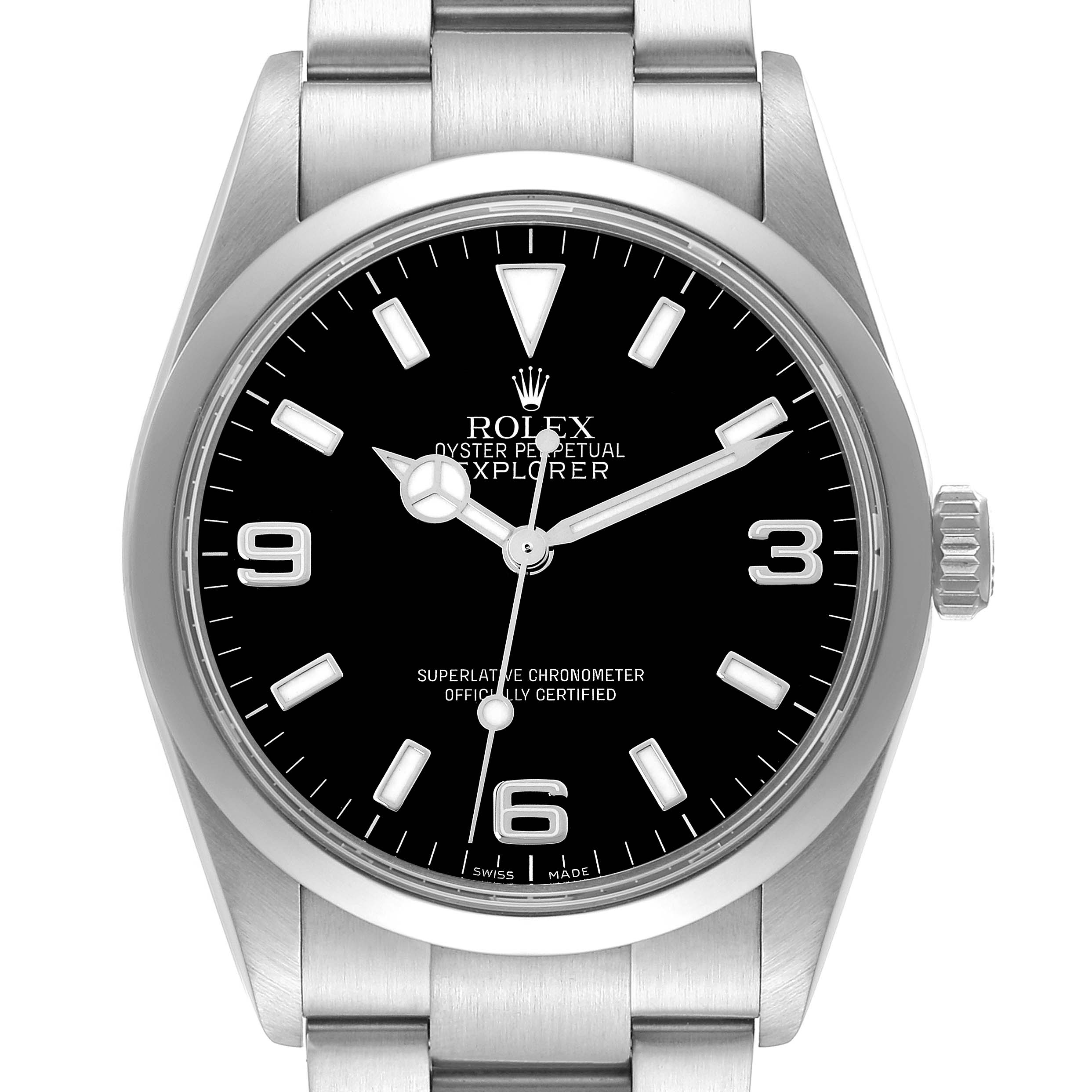 This image shows a front view of the face and part of the bracelet of a Rolex Explorer 114270 Men
s Stainless Steel Black Dial 114270 Men
s Stainless Steel Black Dial model watch.