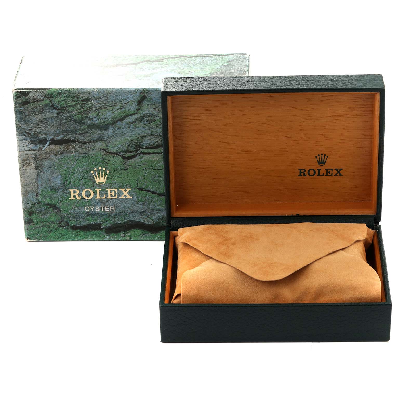 The image shows the packaging of the Rolex Explorer 114270 Men
s Stainless Steel Black Dial 114270 Men
s Stainless Steel Black Dial model, including an outer box, an inner wooden box, and a suede pouch.