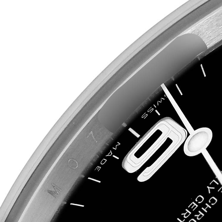 This close-up image shows part of the dial and bezel of a Rolex Explorer 114270 Men
s Stainless Steel Black Dial 114270 Men
s Stainless Steel Black Dial watch, featuring the date display and hour markers.