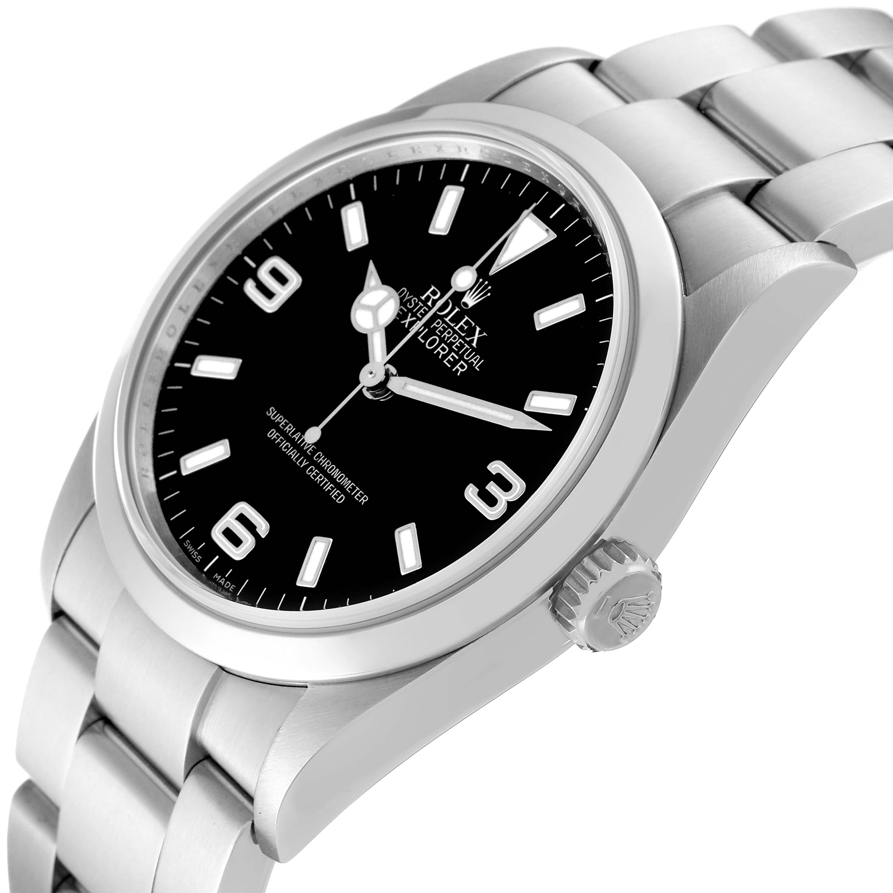 This image shows a Rolex Explorer 114270 Men
s Stainless Steel Black Dial 114270 Men
s Stainless Steel Black Dial watch at a slight angle, highlighting the dial, crown, and bracelet.