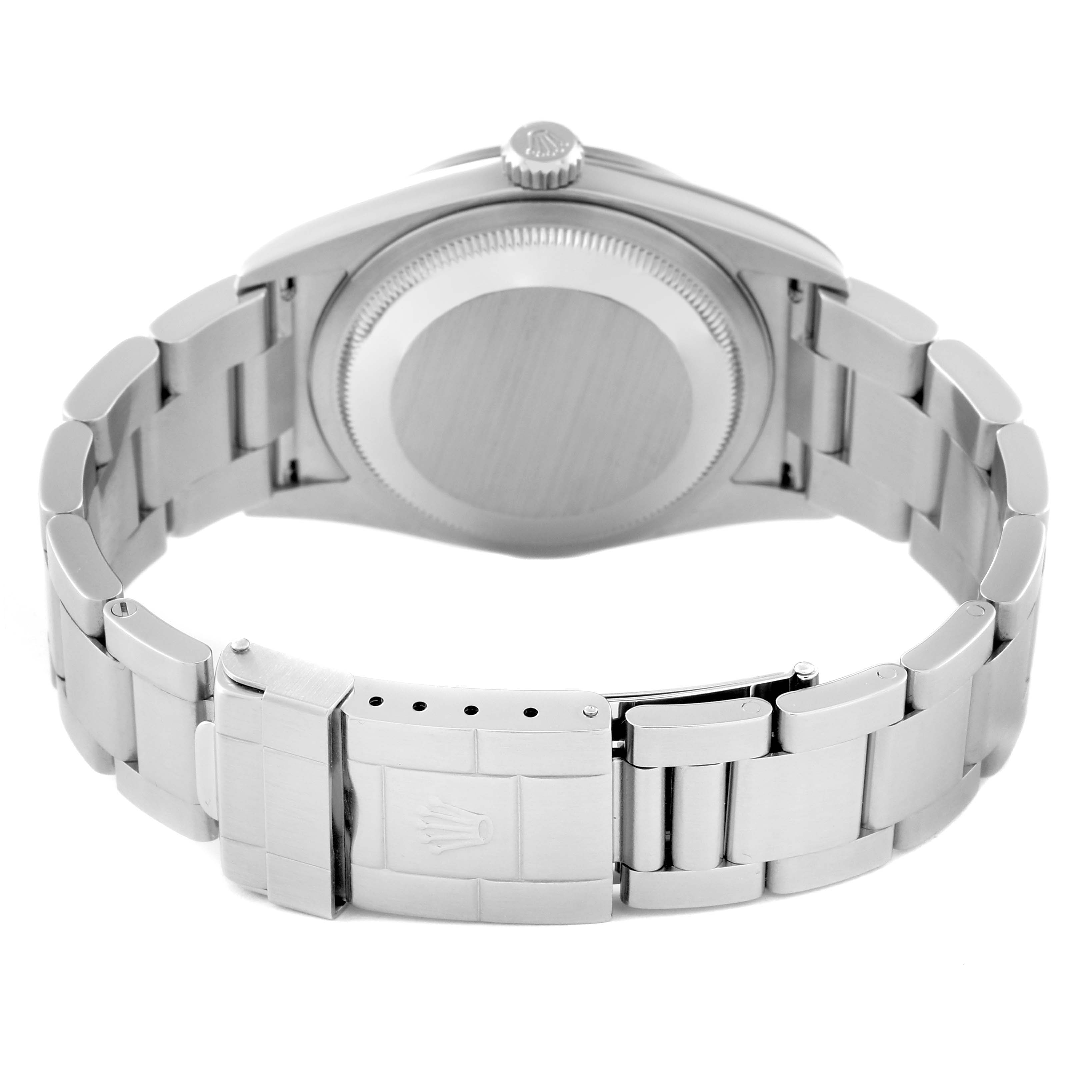 The image shows the back case and bracelet of a Rolex Explorer 114270 Men
s Stainless Steel Black Dial 114270 Men
s Stainless Steel Black Dial with clasp and crown visible.