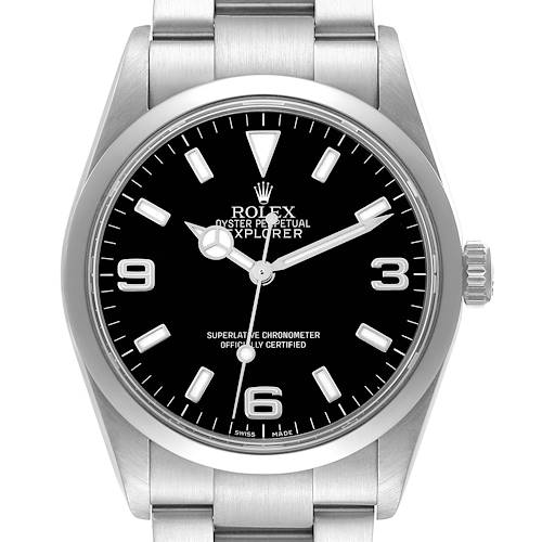 This image shows a frontal view of a Rolex Explorer watch, displaying the dial, hour markers, hands, crown, and part of the bracelet.