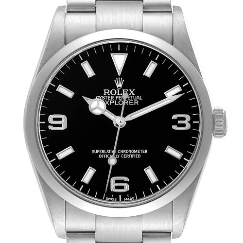 This image shows a front view of the Rolex Explorer model, displaying the dial, bezel, crown, and part of the bracelet.