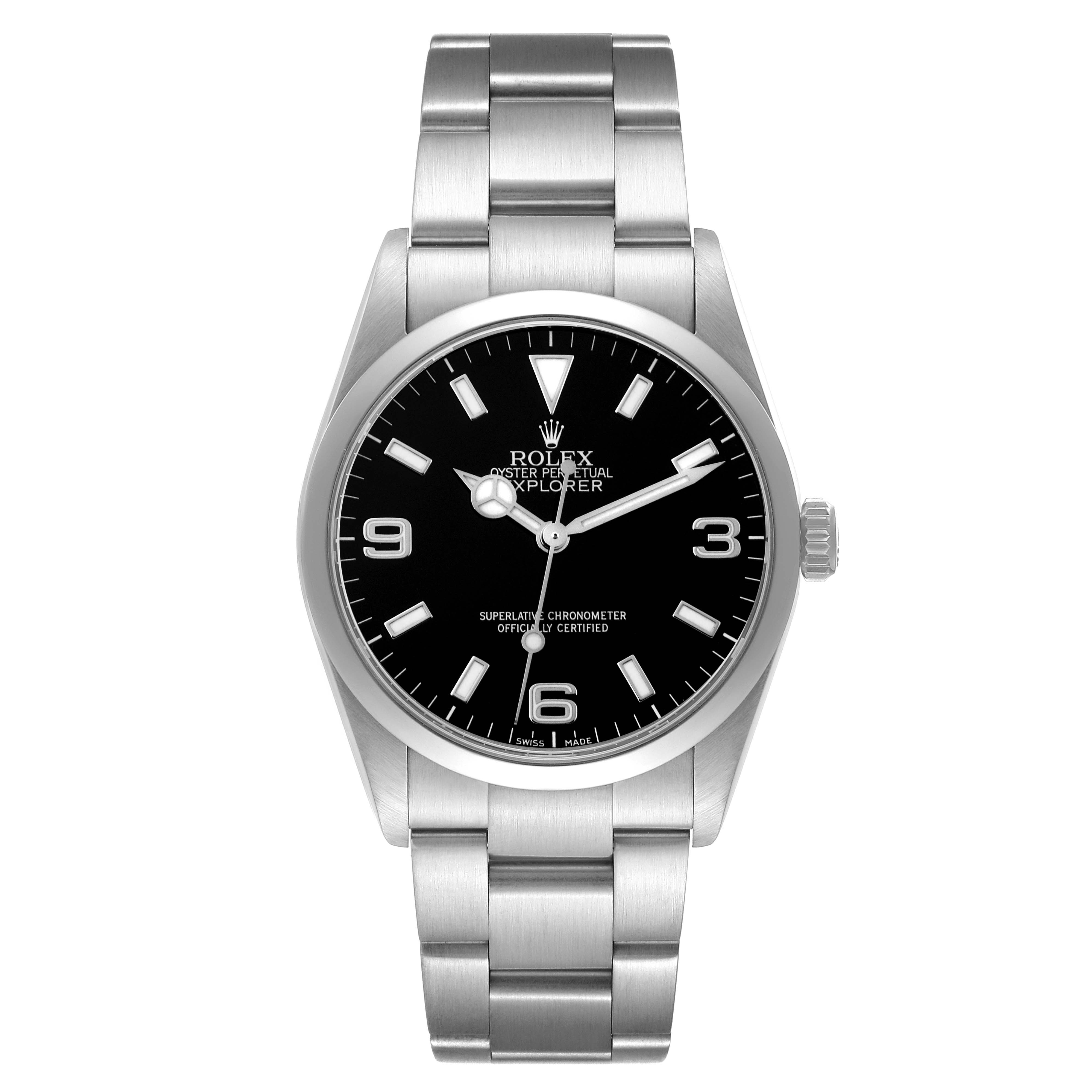 The image shows a front view of a Rolex Explorer 114270 Men
s Stainless Steel Black Dial 114270 Men
s Stainless Steel Black Dial watch, displaying the dial, hands, numerals, and stainless steel bracelet.