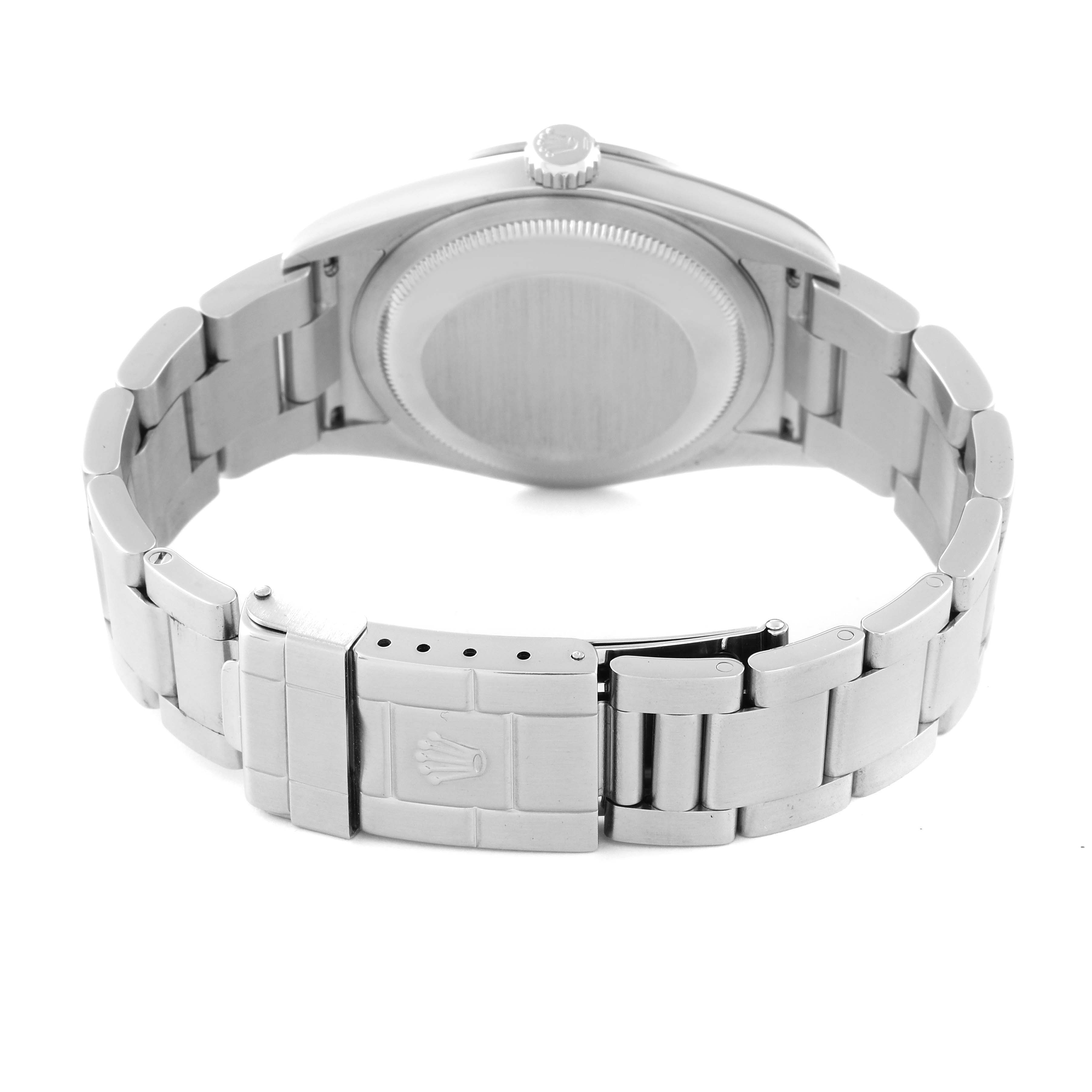 The image shows the back view of a Rolex Explorer 114270 Men
s Stainless Steel Black Dial 114270 Men
s Stainless Steel Black Dial watch, highlighting the clasp and bracelet.