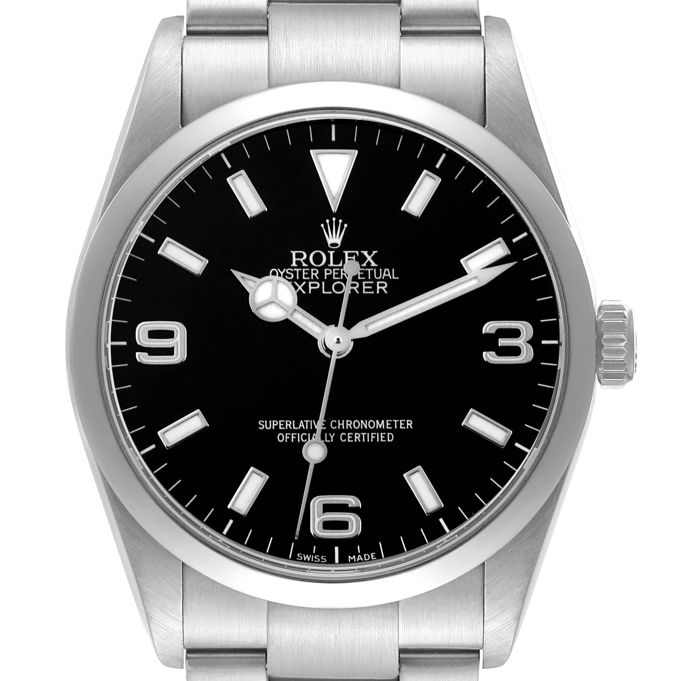 This image shows a front view of the Rolex Explorer 114270 Men
s Stainless Steel Black Dial 114270 Men
s Stainless Steel Black Dial watch, featuring its dial, bezel, and part of the bracelet.