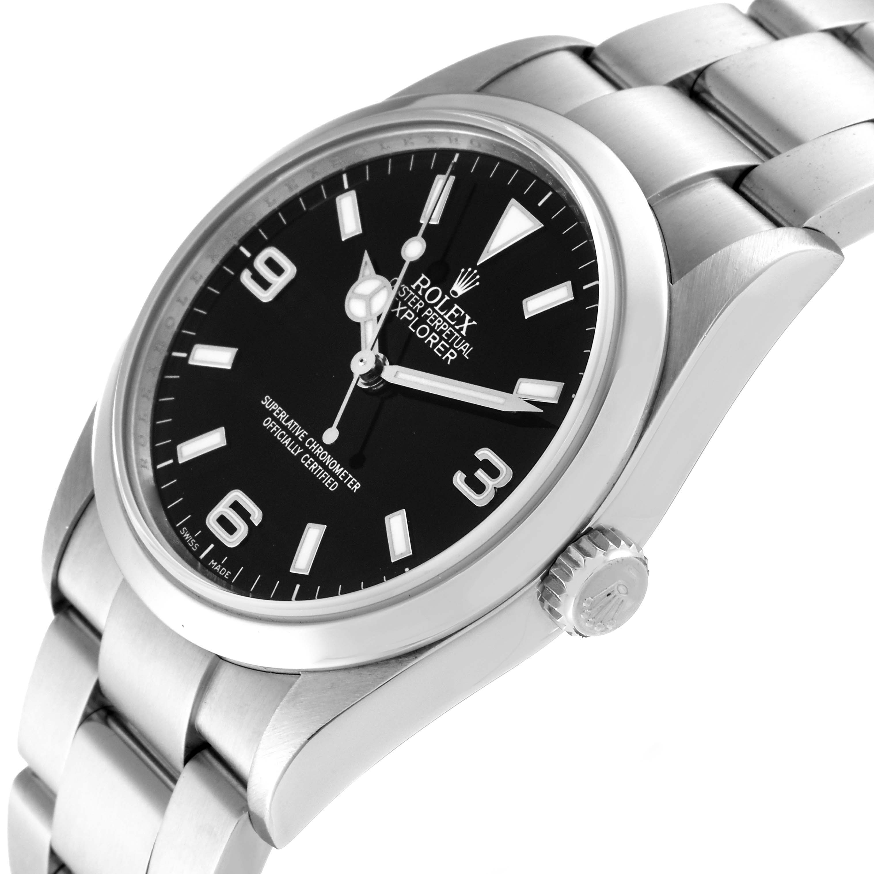 The Rolex Explorer 114270 Men
s Stainless Steel Black Dial 114270 Men
s Stainless Steel Black Dial watch is shown at an oblique angle, highlighting the face, bezel, crown, and part of the bracelet.