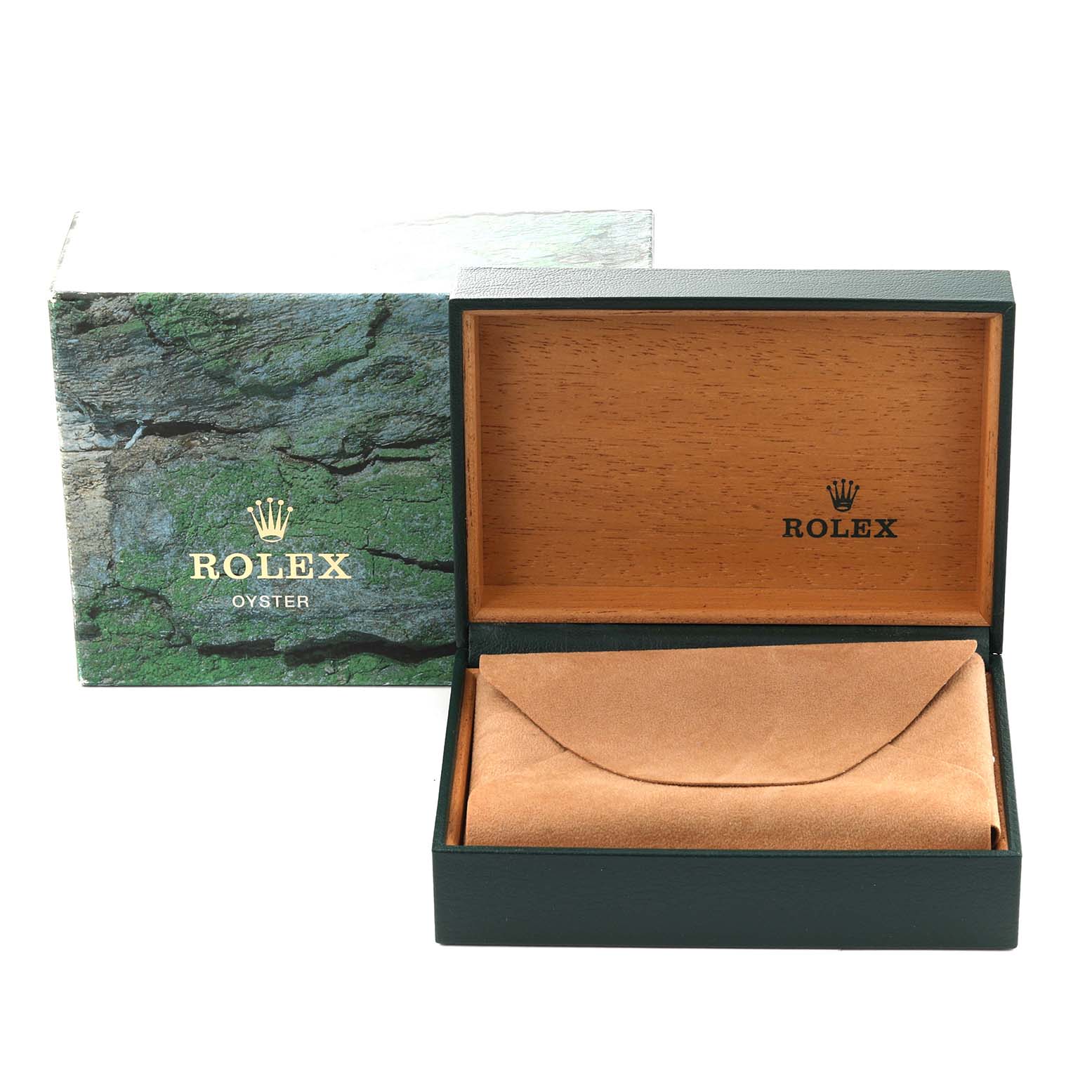 The image shows an open Rolex box with "Rolex Oyster" branding, containing a suede pouch, likely for the Rolex Explorer 114270 Men
s Stainless Steel Black Dial 114270 Men
s Stainless Steel Black Dial watch model.