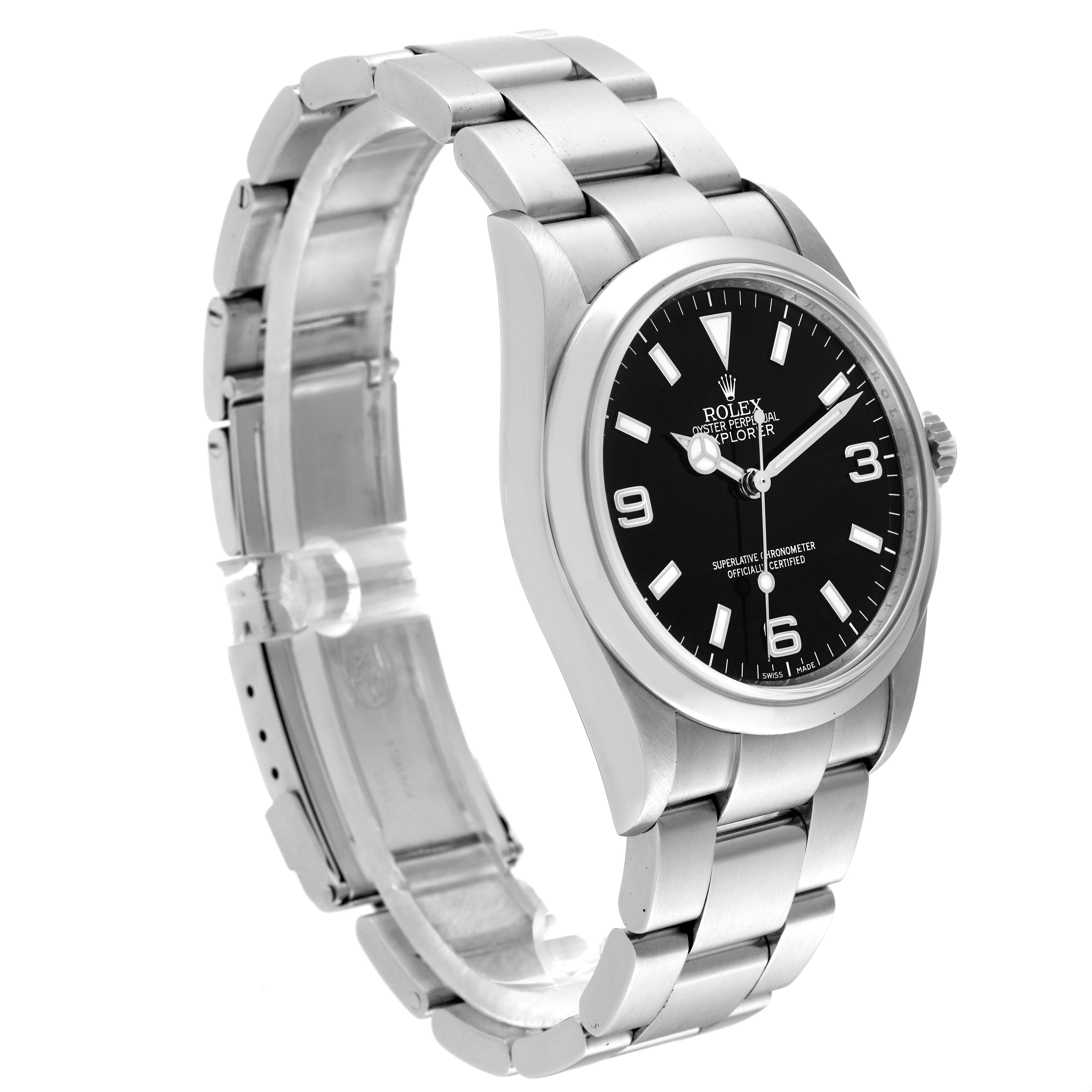 The image shows a Rolex Explorer 114270 Men
s Stainless Steel Black Dial 114270 Men
s Stainless Steel Black Dial watch from a side angle, highlighting the bracelet, clasp, and black dial.