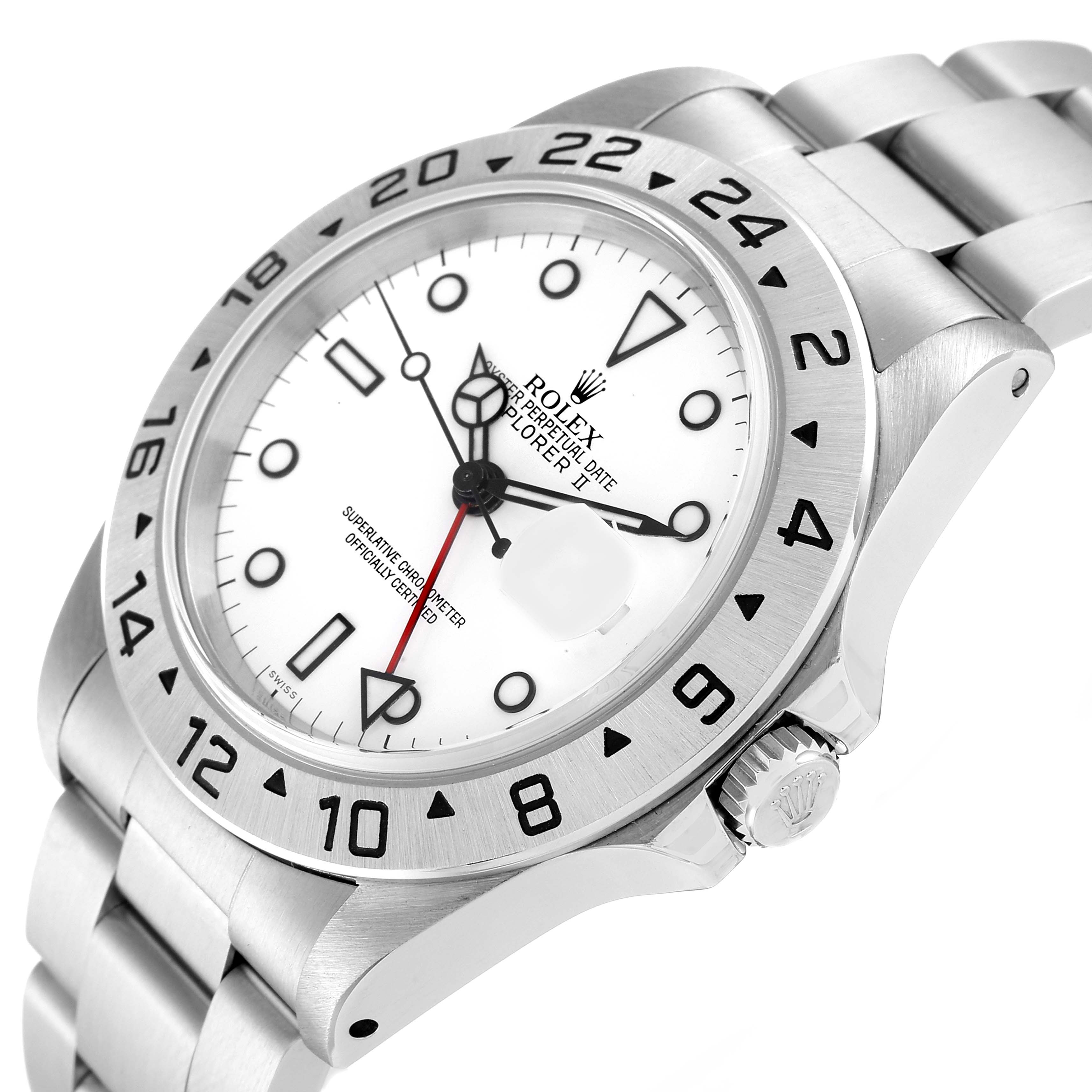 The image shows a side angle of a Rolex Explorer 16570 Men's Stainless Steel White Dial 16570 Men's Stainless Steel White Dial watch, highlighting its bezel, dial, crown, and bracelet.