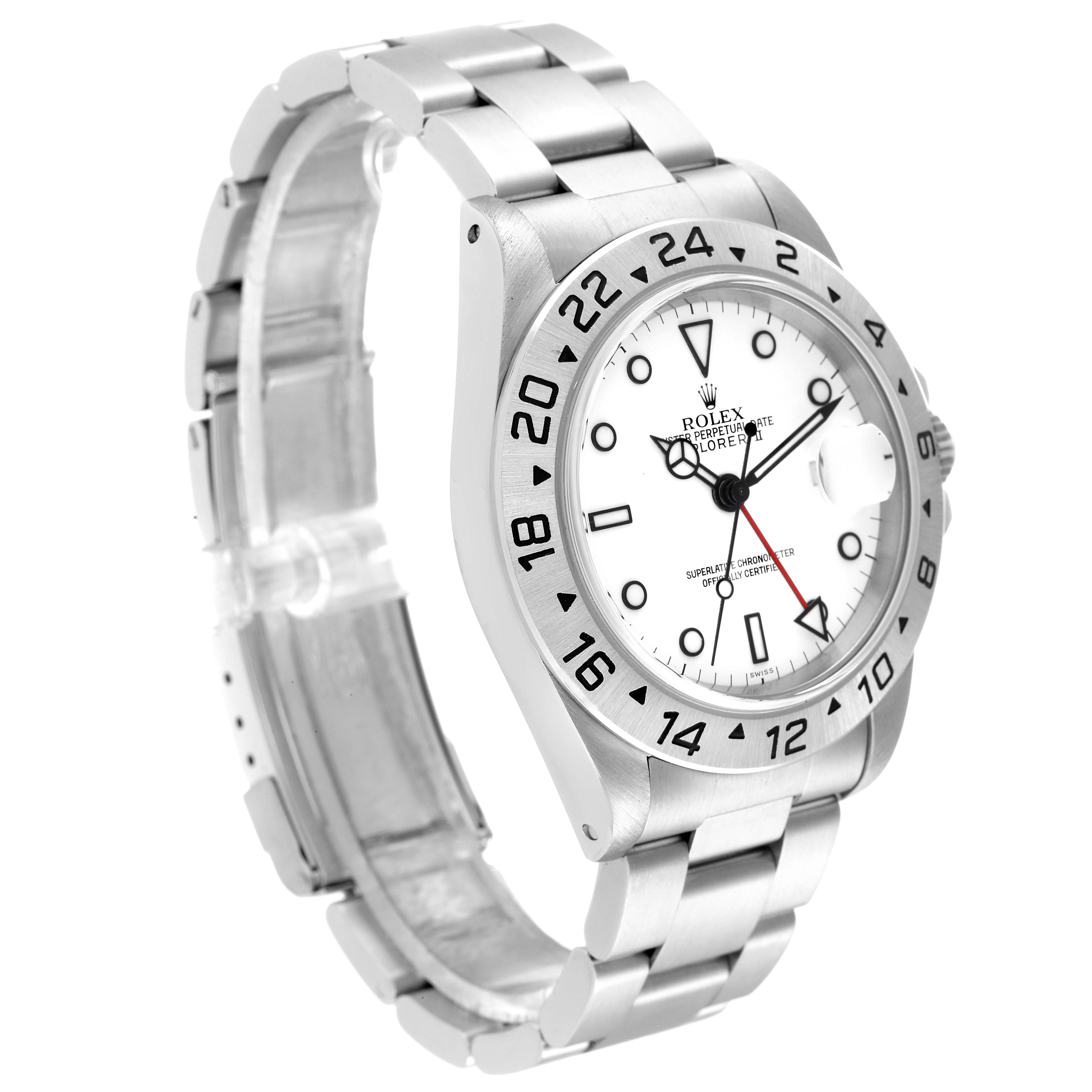 The Rolex Explorer 16570 Men's Stainless Steel White Dial 16570 Men's Stainless Steel White Dial model watch is shown at an angle emphasizing its face, bezel, and stainless steel bracelet.