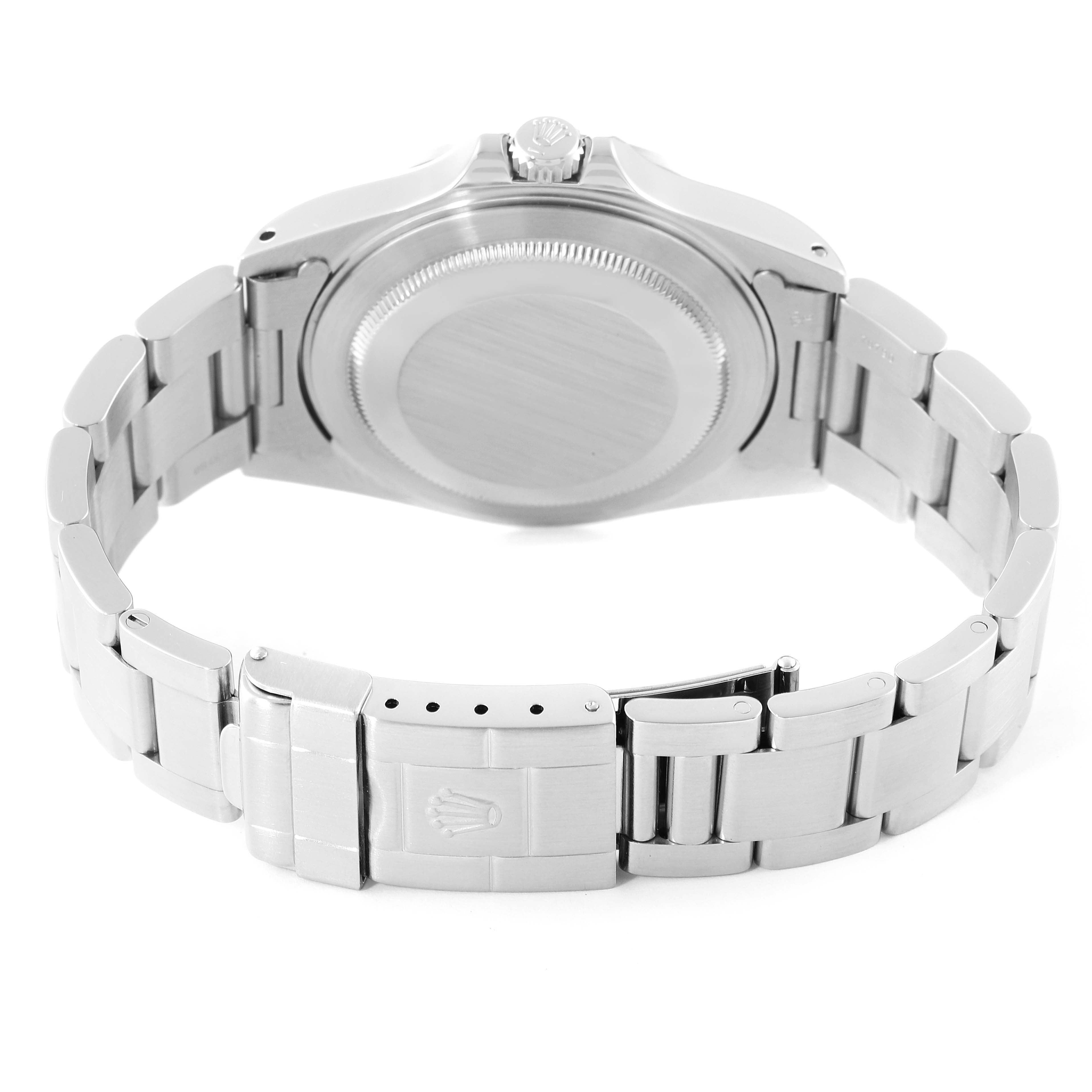 The image shows the back view of a Rolex Explorer 16570 Men's Stainless Steel White Dial 16570 Men's Stainless Steel White Dial watch, highlighting the case back, bracelet, and clasp.