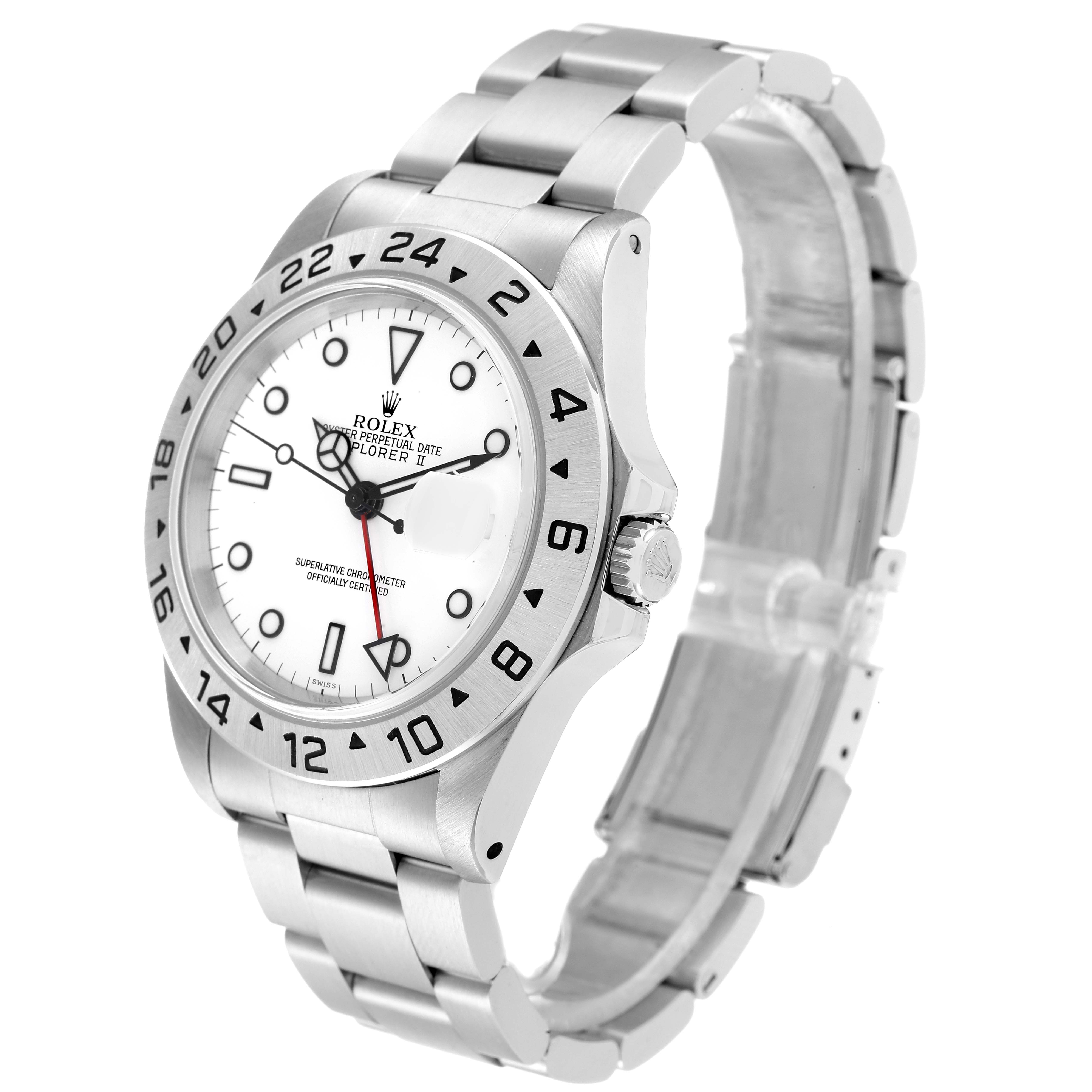 This image shows a side angle of a Rolex Explorer 16570 Men's Stainless Steel White Dial 16570 Men's Stainless Steel White Dial watch, highlighting the face, bezel, and bracelet.