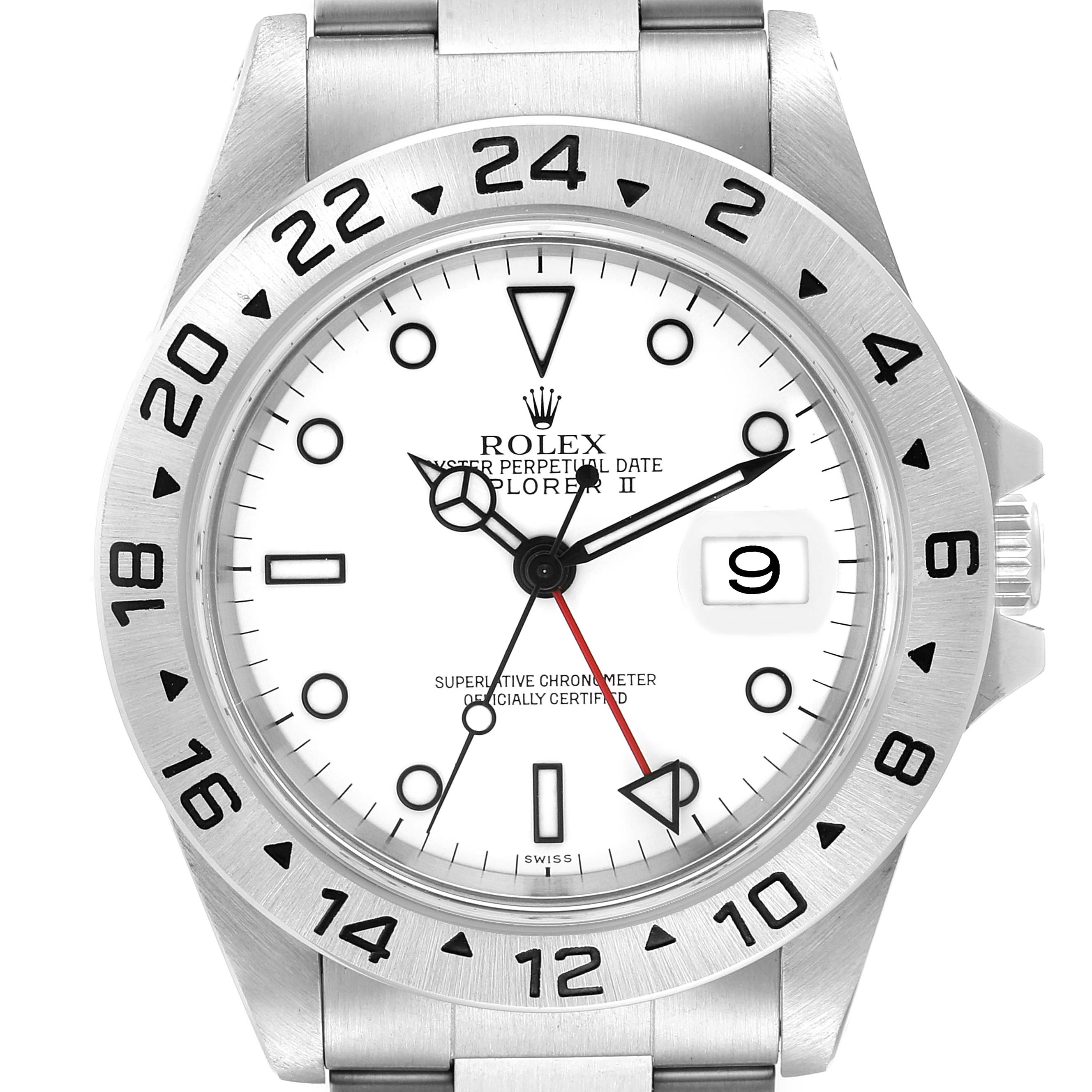 The image shows a front view of a Rolex Explorer 16570 Men's Stainless Steel White Dial 16570 Men's Stainless Steel White Dial watch, highlighting its white dial, date display, and stainless steel bezel with 24-hour markings.
