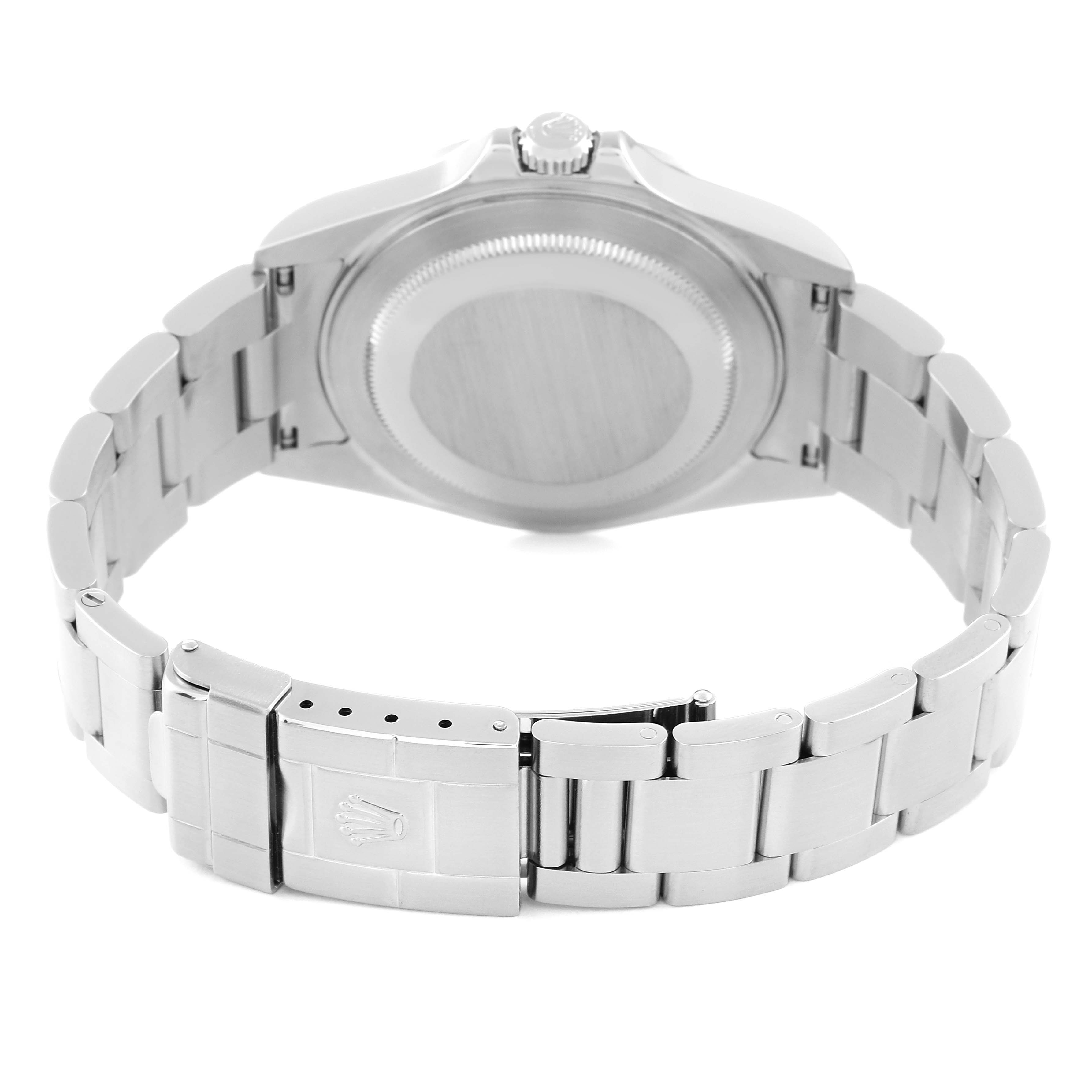 The image shows the rear view of a Rolex Explorer 16570 Men's Stainless Steel White Dial 16570 Men's Stainless Steel White Dial watch, highlighting its case back and bracelet clasp.