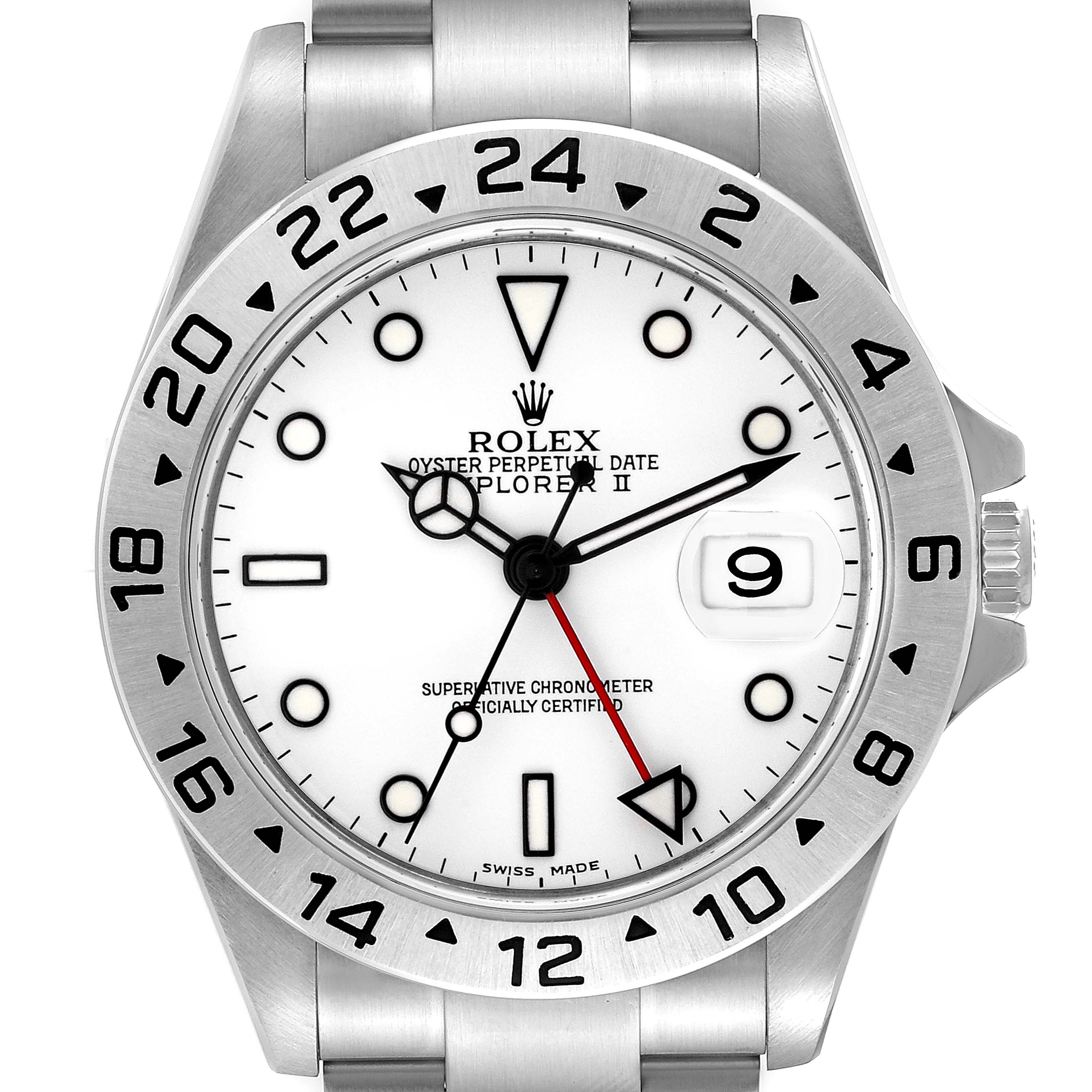 The image shows a front view of a Rolex Explorer 16570 Men's Stainless Steel White Dial 16570 Men's Stainless Steel White Dial watch, displaying its dial, hands, bezel, and bracelet.