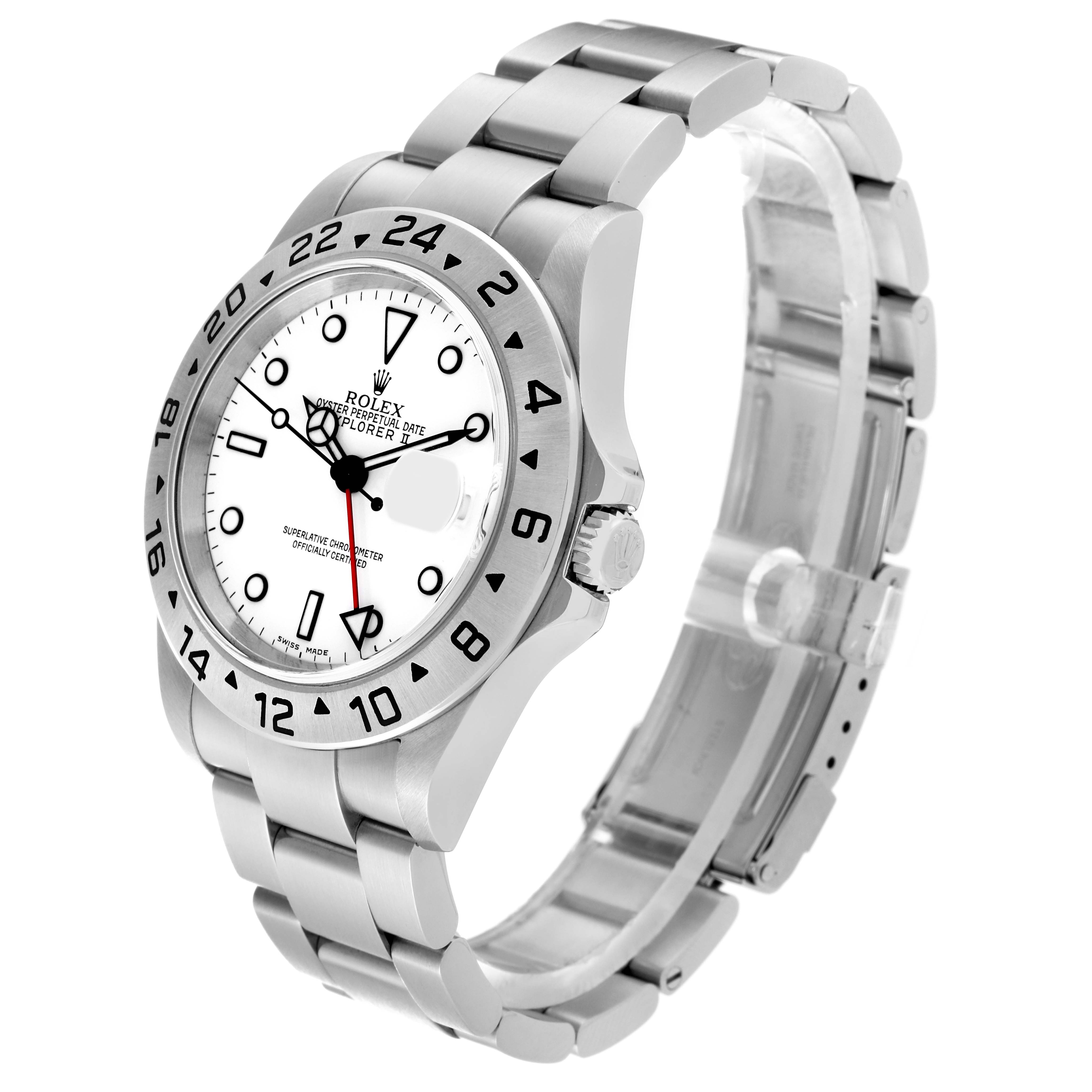 The image shows a side angle of a Rolex Explorer 16570 Men's Stainless Steel White Dial 16570 Men's Stainless Steel White Dial model watch, highlighting its silver bracelet, bezel, and white dial.