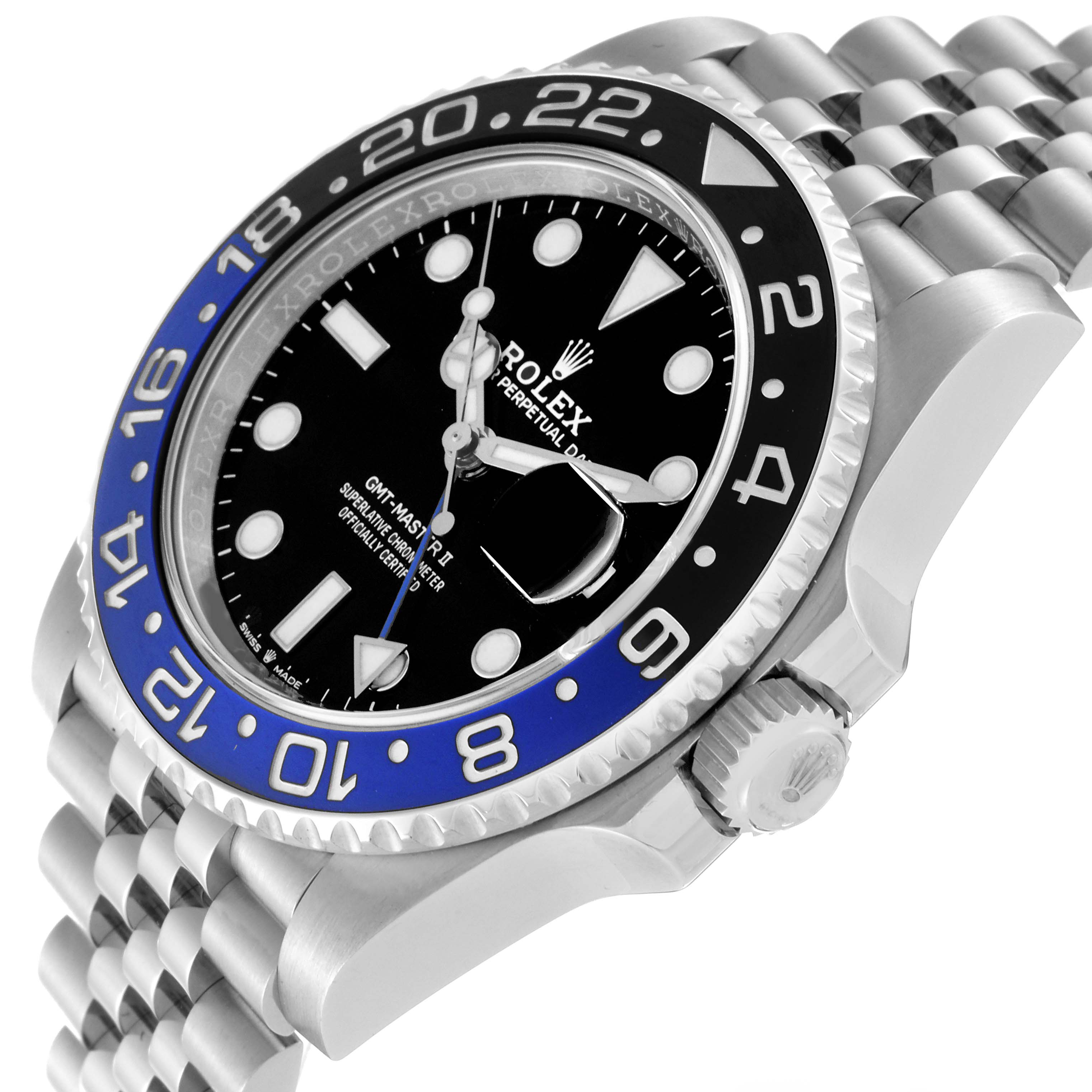 This image shows a close-up angle of a Rolex GMT-Master 126710BLNR Men's Stainless Steel Black Dial 126710BLNR Men's Stainless Steel Black Dial watch, highlighting the face, bezel, and part of the bracelet.
