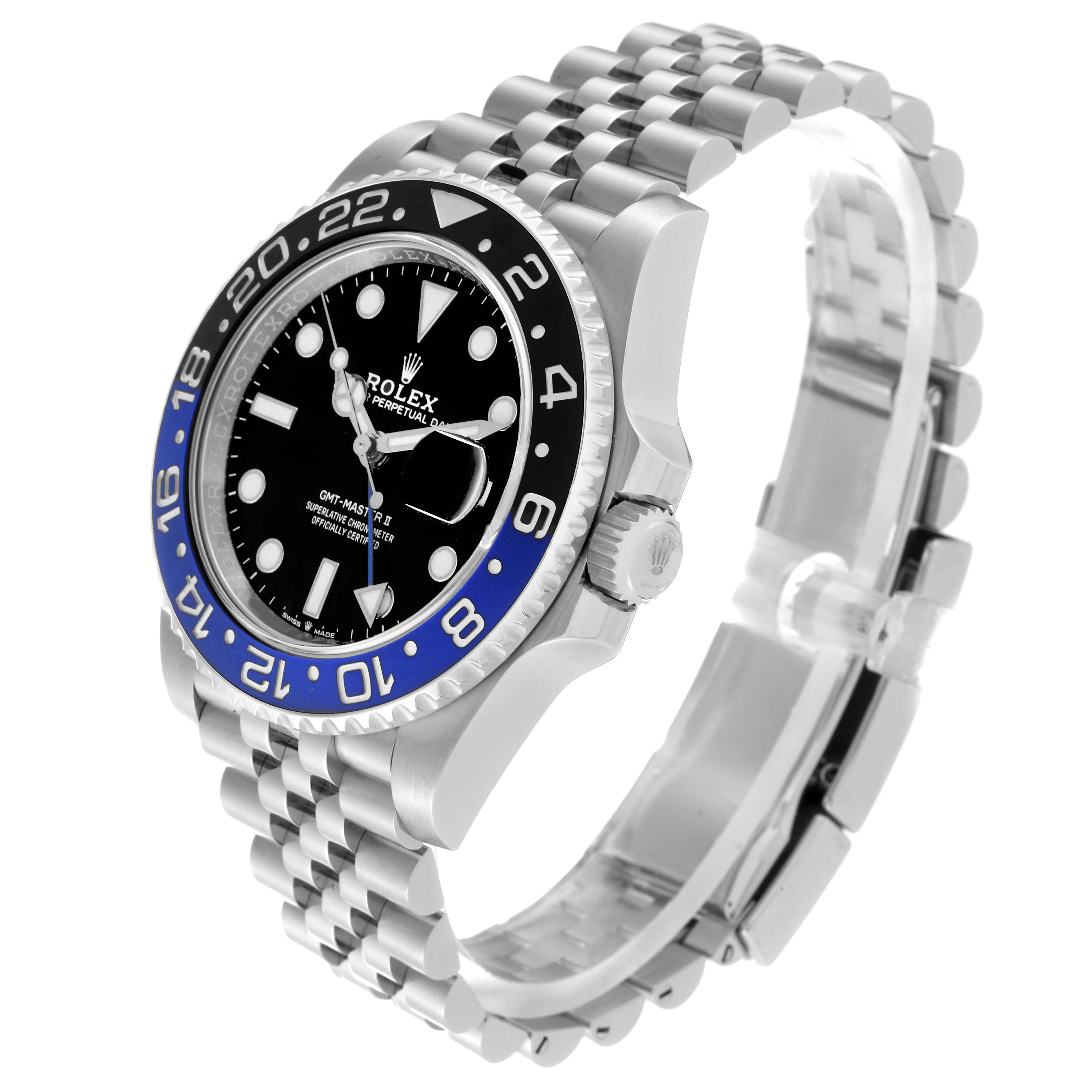 This Rolex GMT-Master 126710BLNR Men's Stainless Steel Black Dial 126710BLNR Men's Stainless Steel Black Dial watch is shown at a three-quarter angle, highlighting the bezel, dial, crown, and stainless steel bracelet.