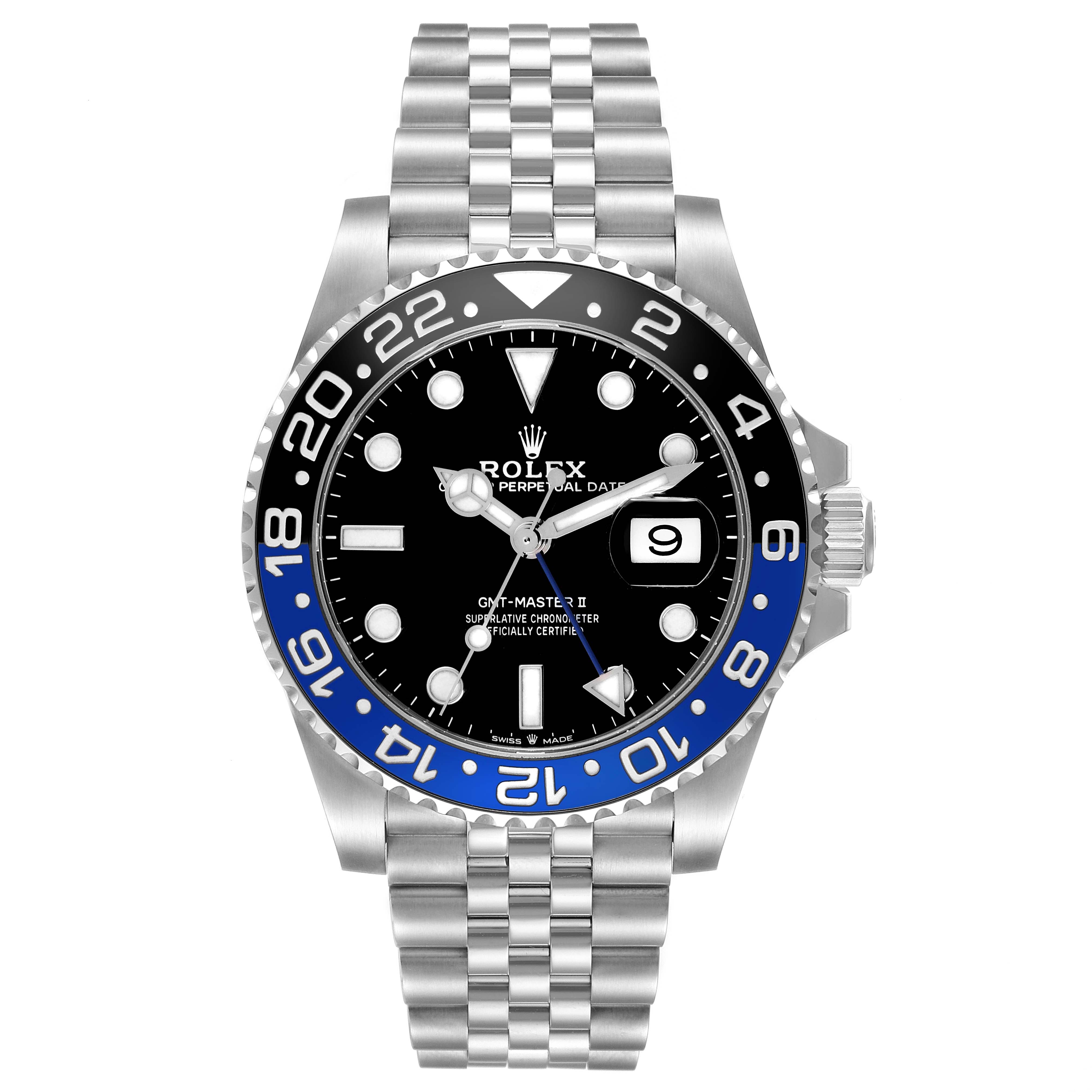 The image shows a front view of a Rolex GMT-Master 126710BLNR Men's Stainless Steel Black Dial 126710BLNR Men's Stainless Steel Black Dial II watch, highlighting its dial, bezel, and Jubilee bracelet.