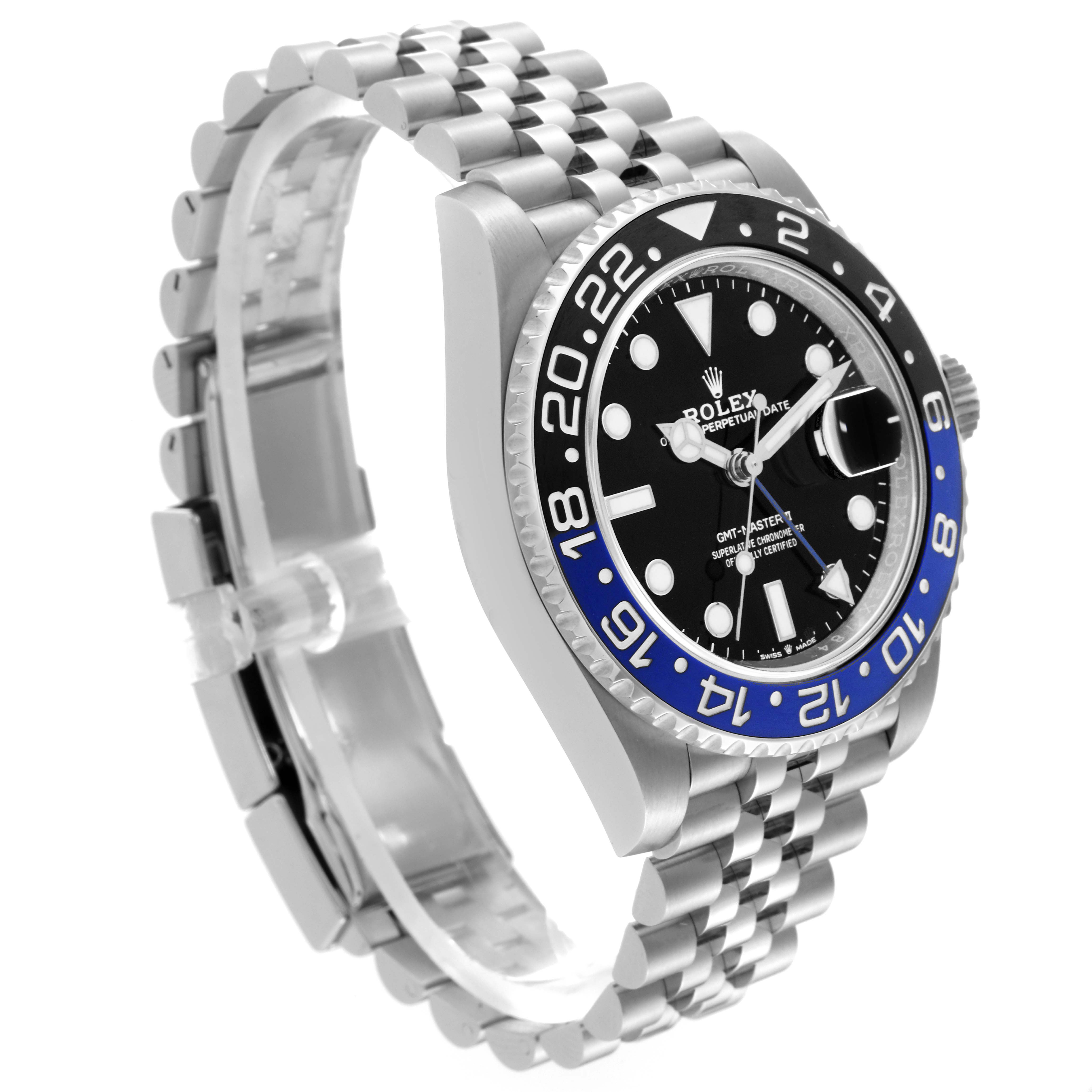 This image shows a Rolex GMT-Master 126710BLNR Men's Stainless Steel Black Dial 126710BLNR Men's Stainless Steel Black Dial watch at a side angle, highlighting the bezel, dial, and bracelet.