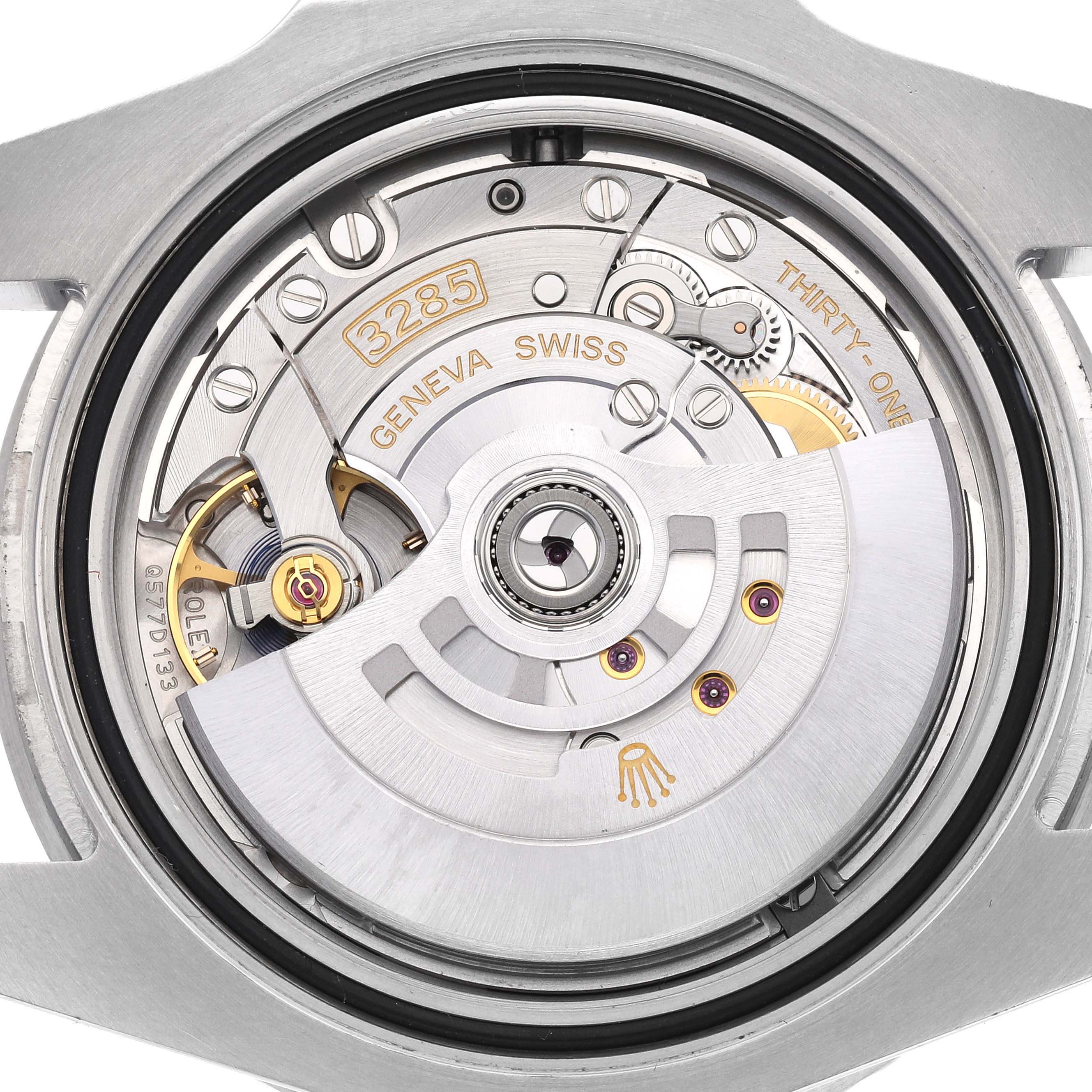 This image shows the back view of a Rolex GMT-Master 126710BLNR Men's Stainless Steel Black Dial 126710BLNR Men's Stainless Steel Black Dial, revealing the intricate internal movement and rotor with the model 3285 engraved.