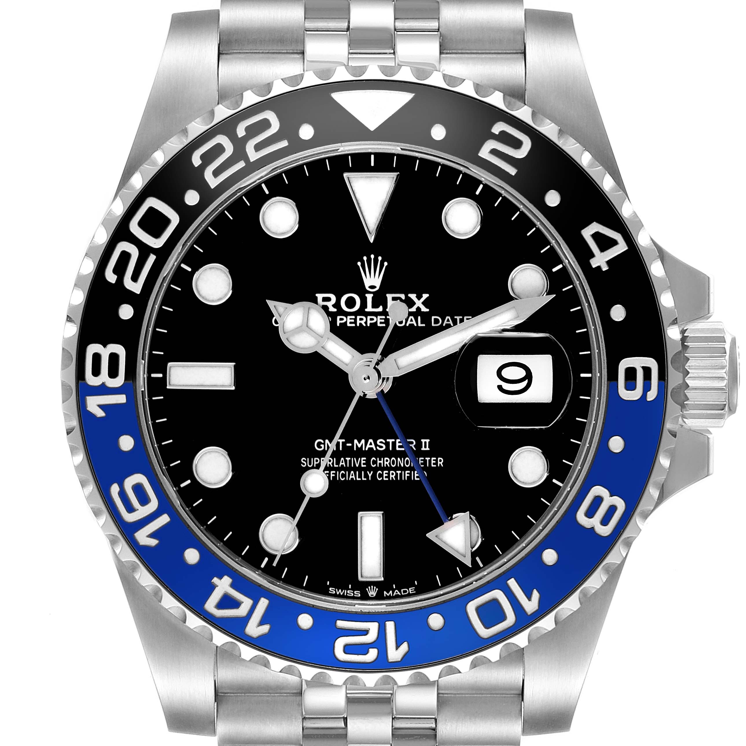 This image shows a frontal view of the Rolex GMT-Master 126710BLNR Men's Stainless Steel Black Dial 126710BLNR Men's Stainless Steel Black Dial II, highlighting its dial, bezel, and bracelet.