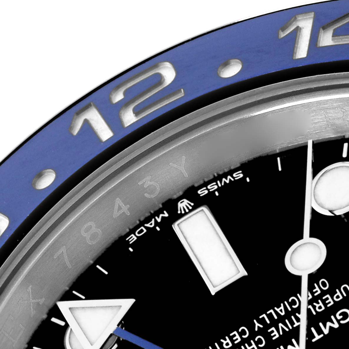 The image shows a close-up of the Rolex GMT-Master 126710BLNR Men's Stainless Steel Black Dial 126710BLNR Men's Stainless Steel Black Dial watch face, including part of the blue bezel, hour markers, and hands.
