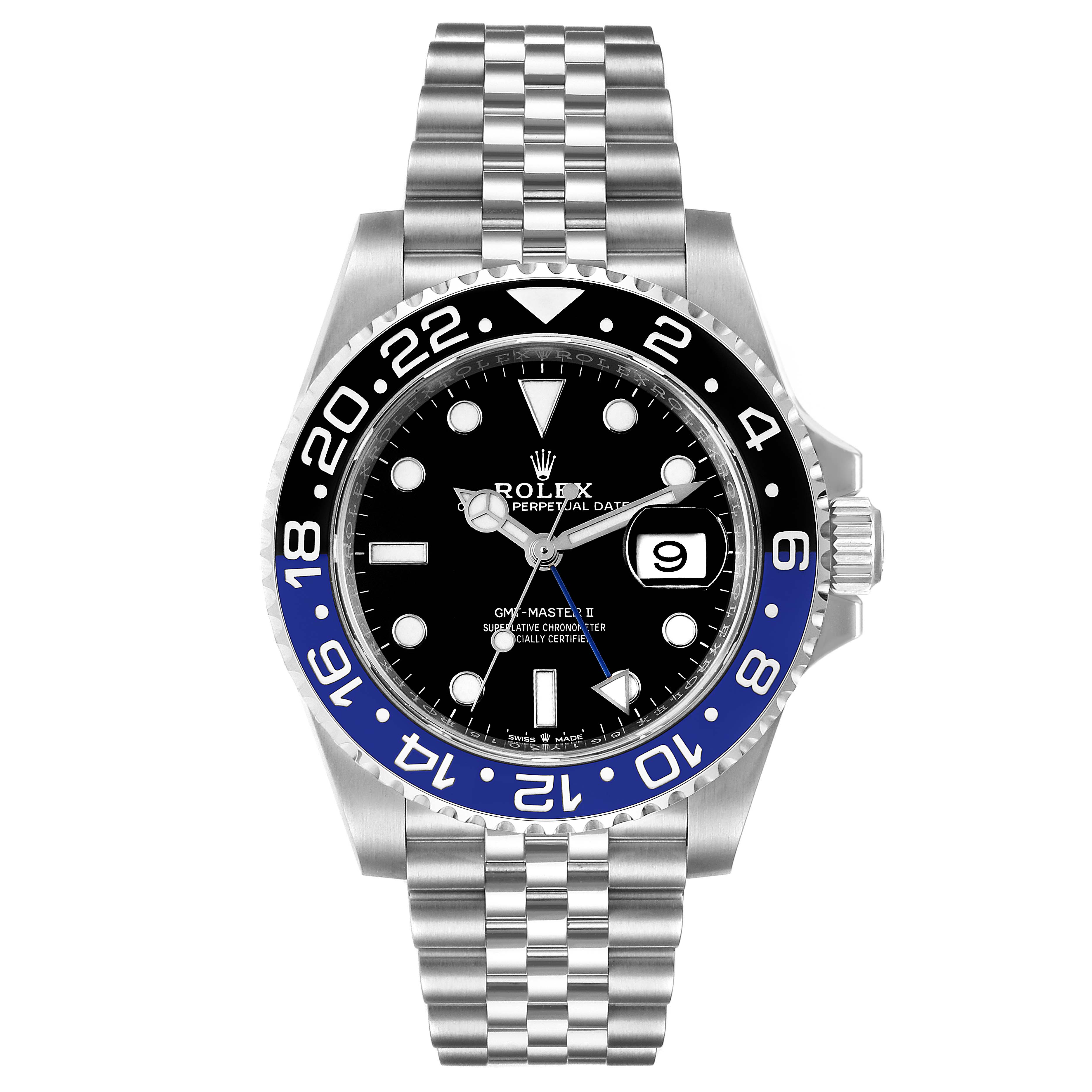 The image shows a front view of the Rolex GMT-Master 126710 Men
s Stainless Steel Black Dial 126710 Men
s Stainless Steel Black Dial II watch, highlighting the bezel, dial, hands, bracelet, and date window.