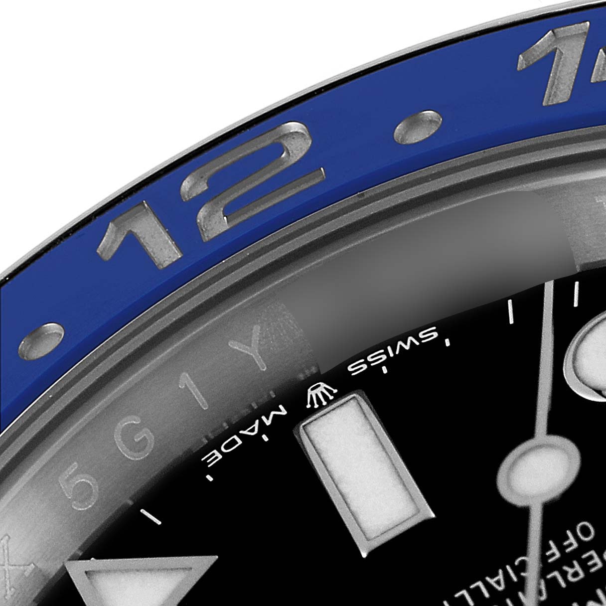 The image shows a close-up of the bezel and the edge of the dial of a Rolex GMT-Master 126710 Men
s Stainless Steel Black Dial 126710 Men
s Stainless Steel Black Dial watch.