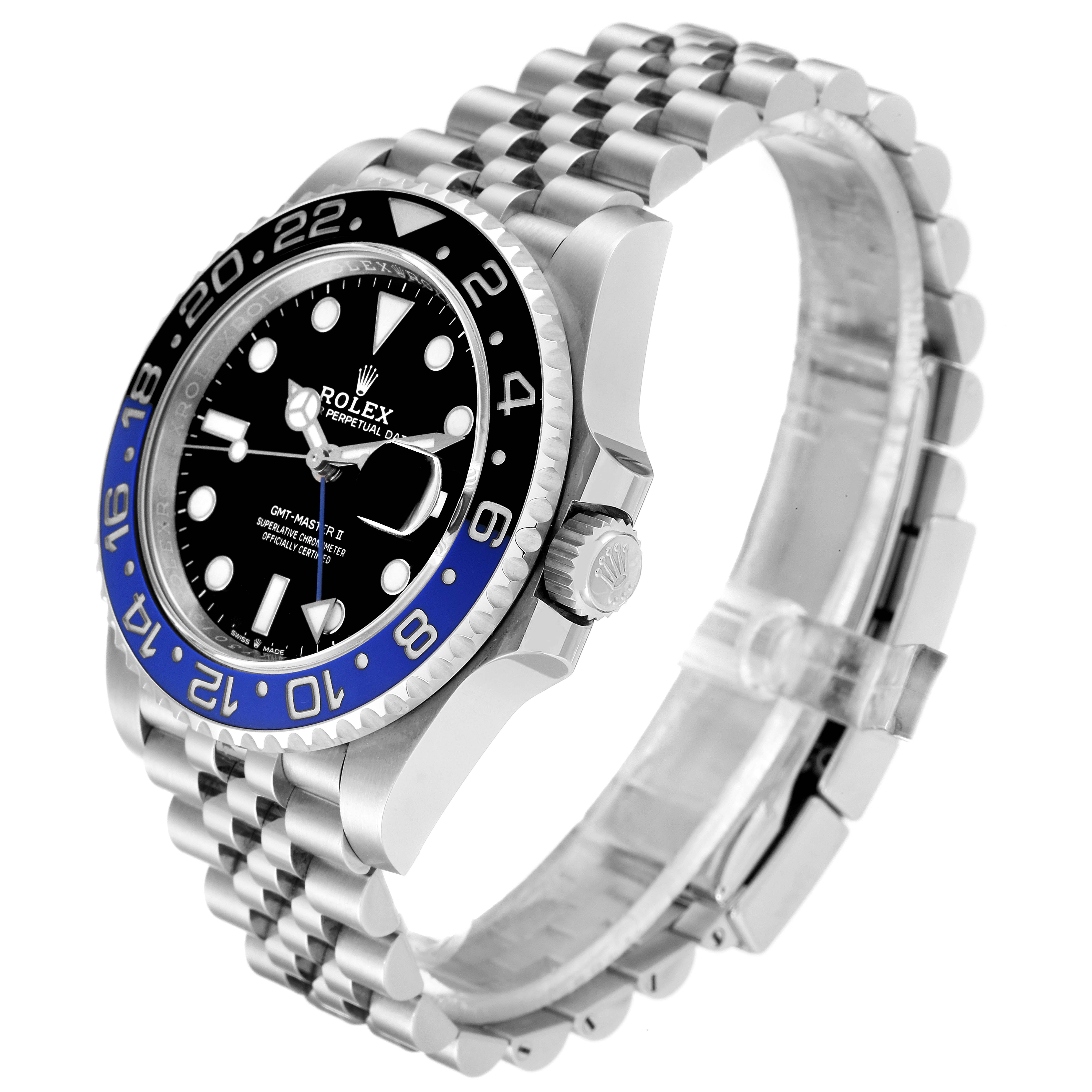 The Rolex GMT-Master 126710 Men
s Stainless Steel Black Dial 126710 Men
s Stainless Steel Black Dial watch is shown at a three-quarter angle, highlighting its face, bezel, crown, and bracelet.