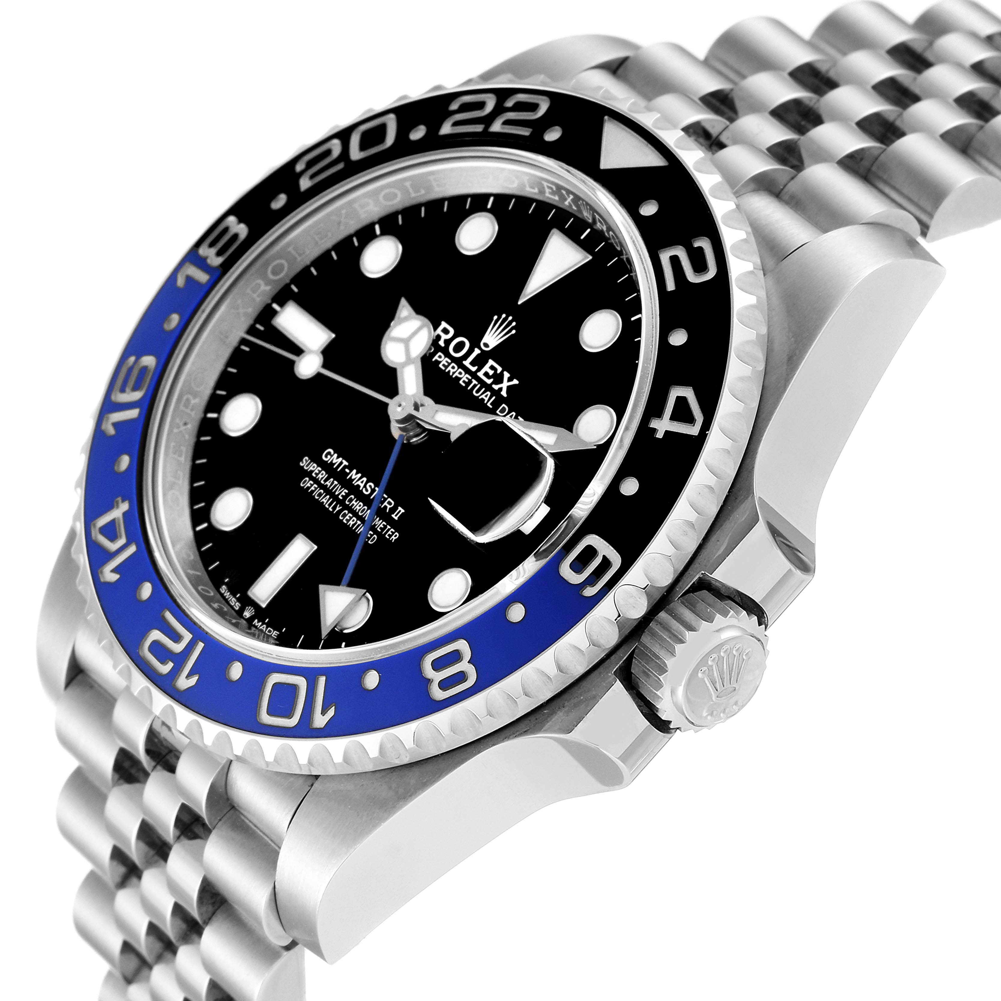 The image shows a close-up angle of a Rolex GMT-Master 126710 Men
s Stainless Steel Black Dial 126710 Men
s Stainless Steel Black Dial II, highlighting the dial, bezel, and crown.