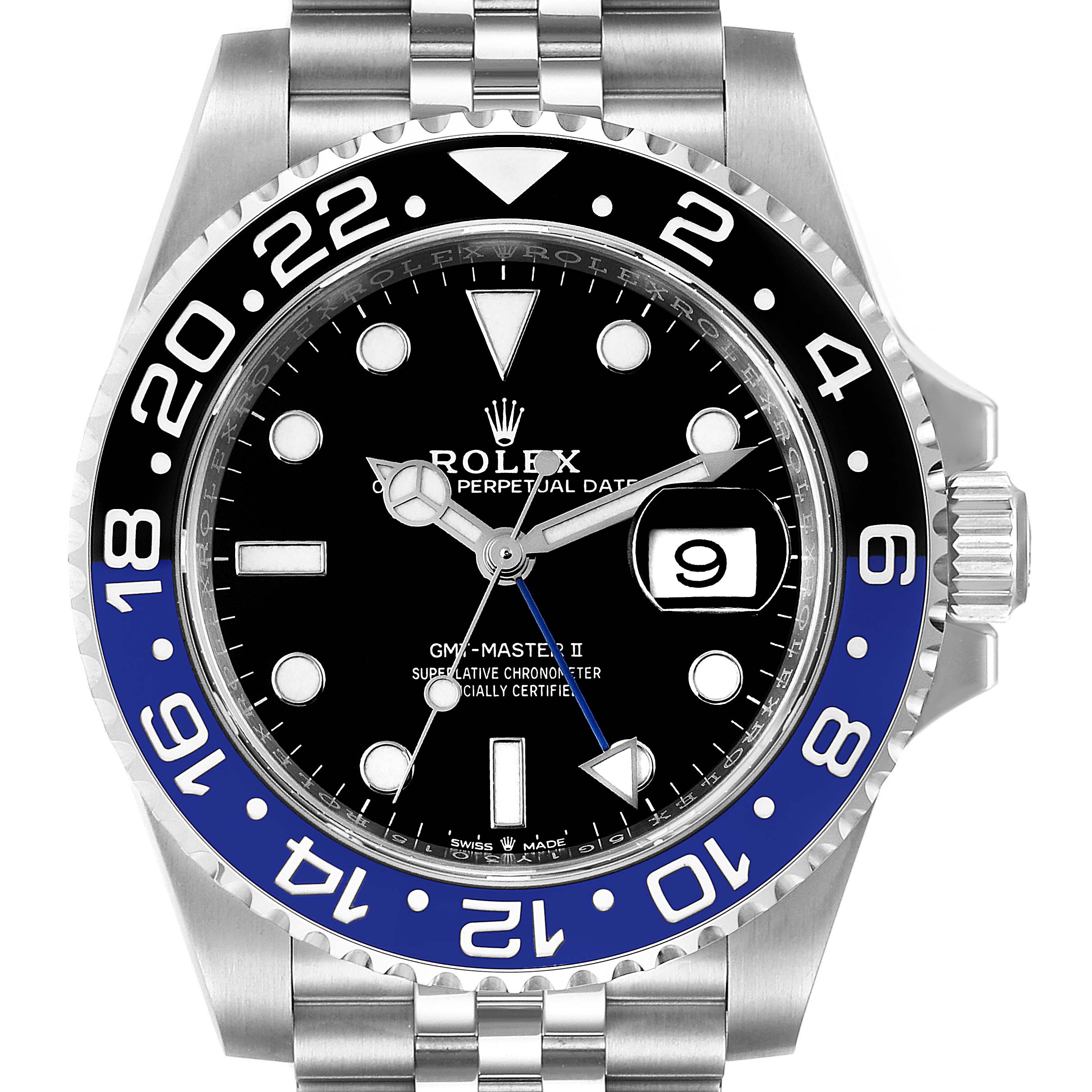 This Rolex GMT-Master 126710 Men
s Stainless Steel Black Dial 126710 Men
s Stainless Steel Black Dial II watch is shown from the front, highlighting the bezel, dial, hands, and date display.