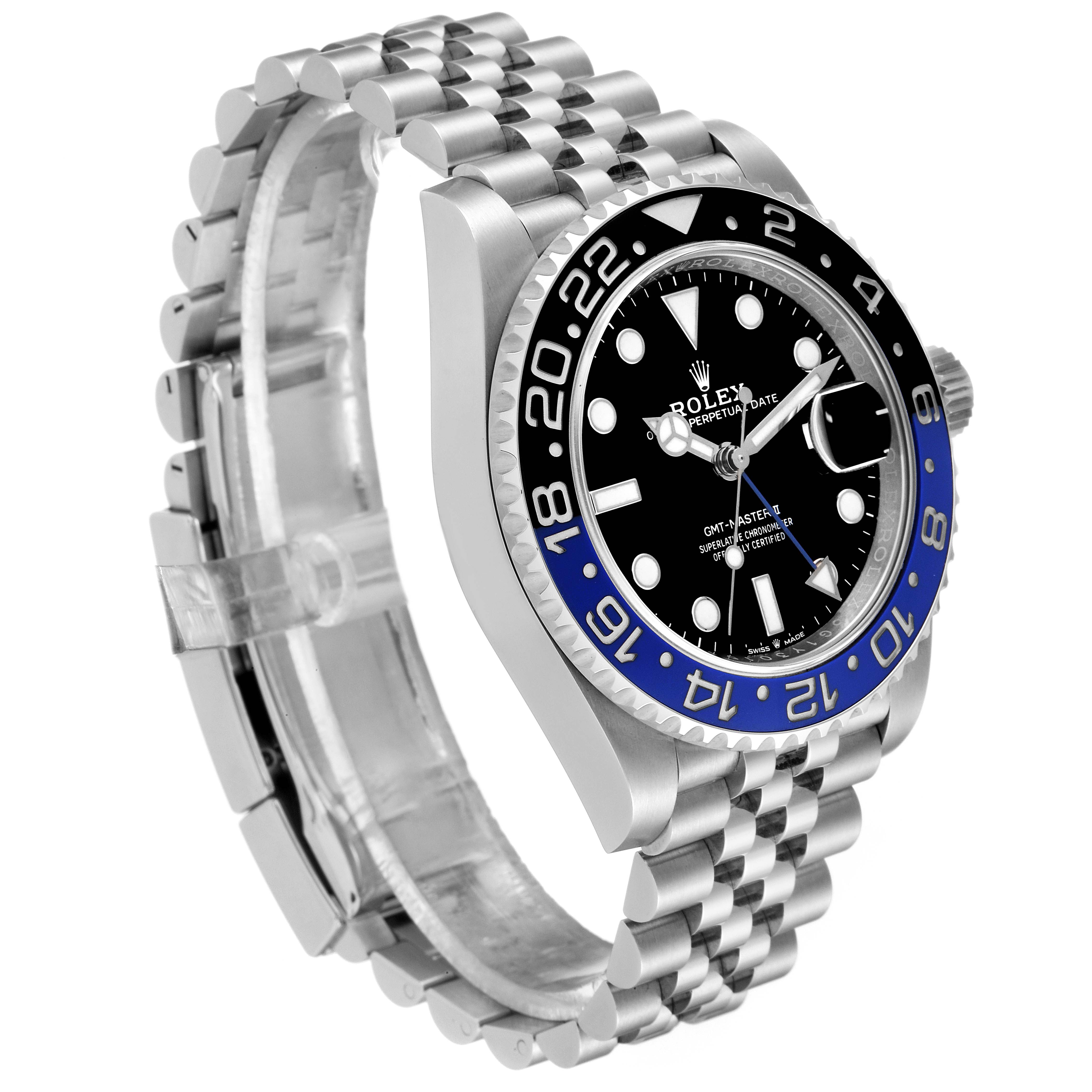 The image shows a side angle of a Rolex GMT-Master 126710 Men
s Stainless Steel Black Dial 126710 Men
s Stainless Steel Black Dial watch, highlighting the bezel, dial, and Jubilee bracelet.