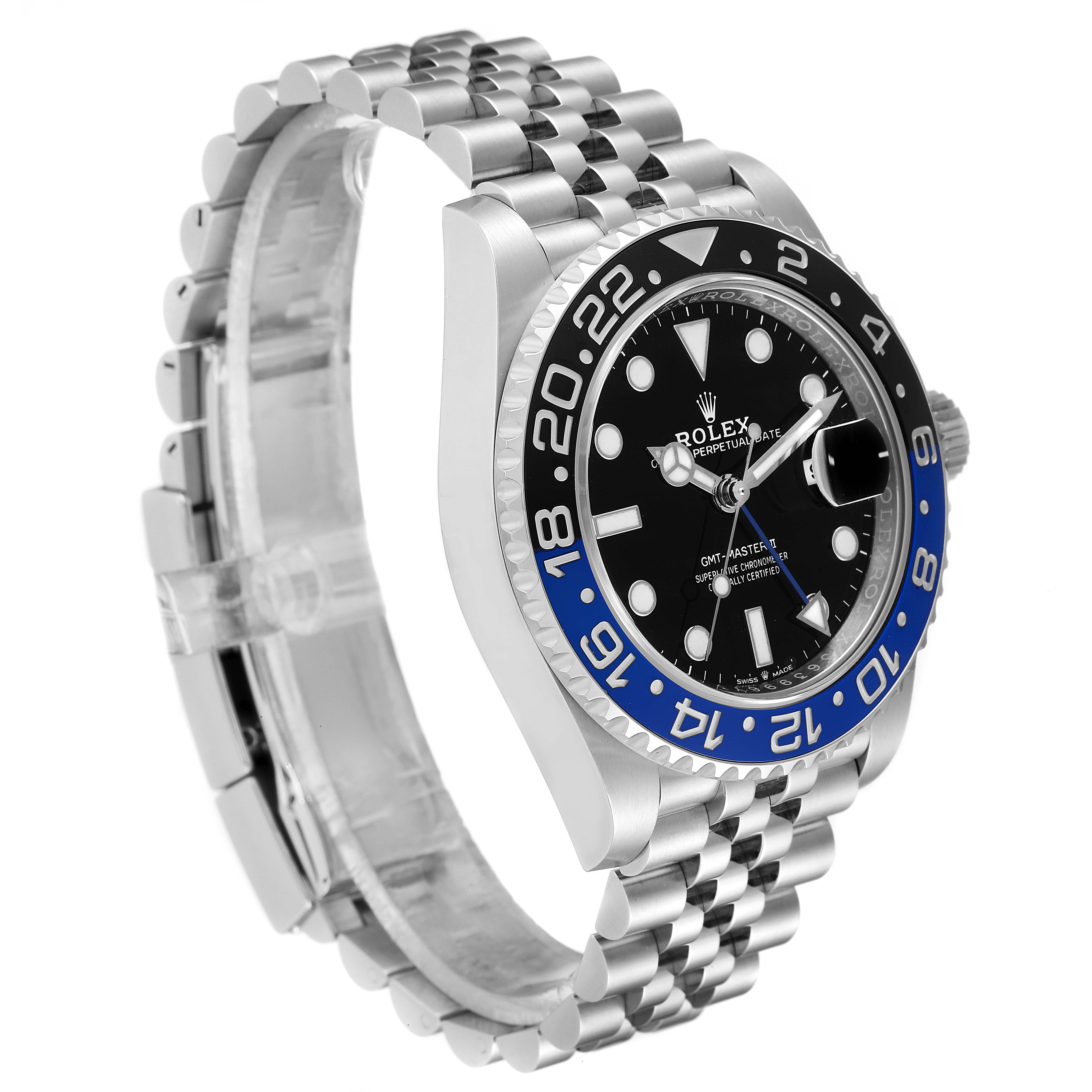 The Rolex GMT-Master 126710 Men's Stainless Steel Black Dial 126710 Men's Stainless Steel Black Dial watch is shown at an angle displaying its face, bezel, crown, and bracelet.