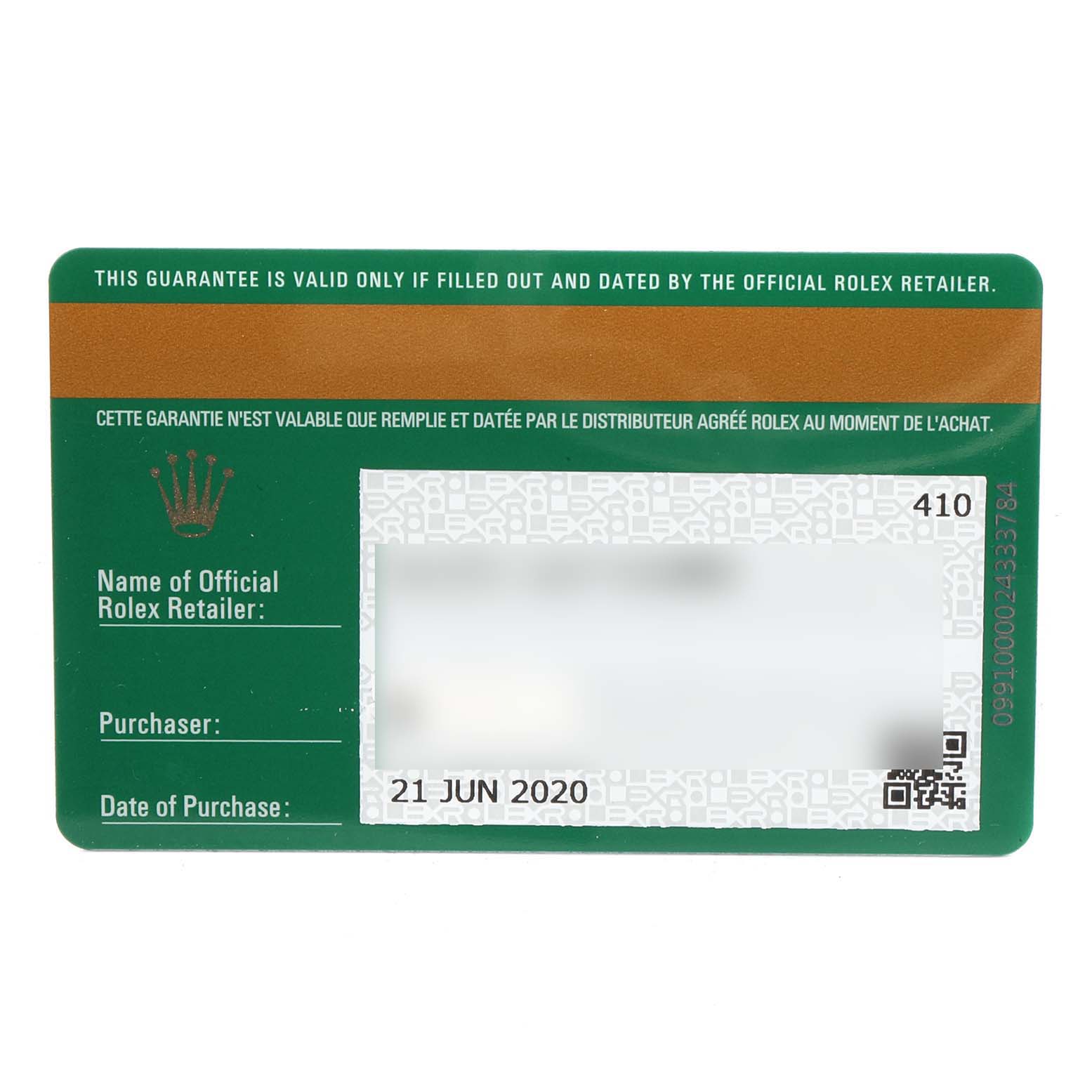 This is the warranty card for a Rolex GMT-Master 126710 Men's Stainless Steel Black Dial 126710 Men's Stainless Steel Black Dial watch, showing the purchase details and date.