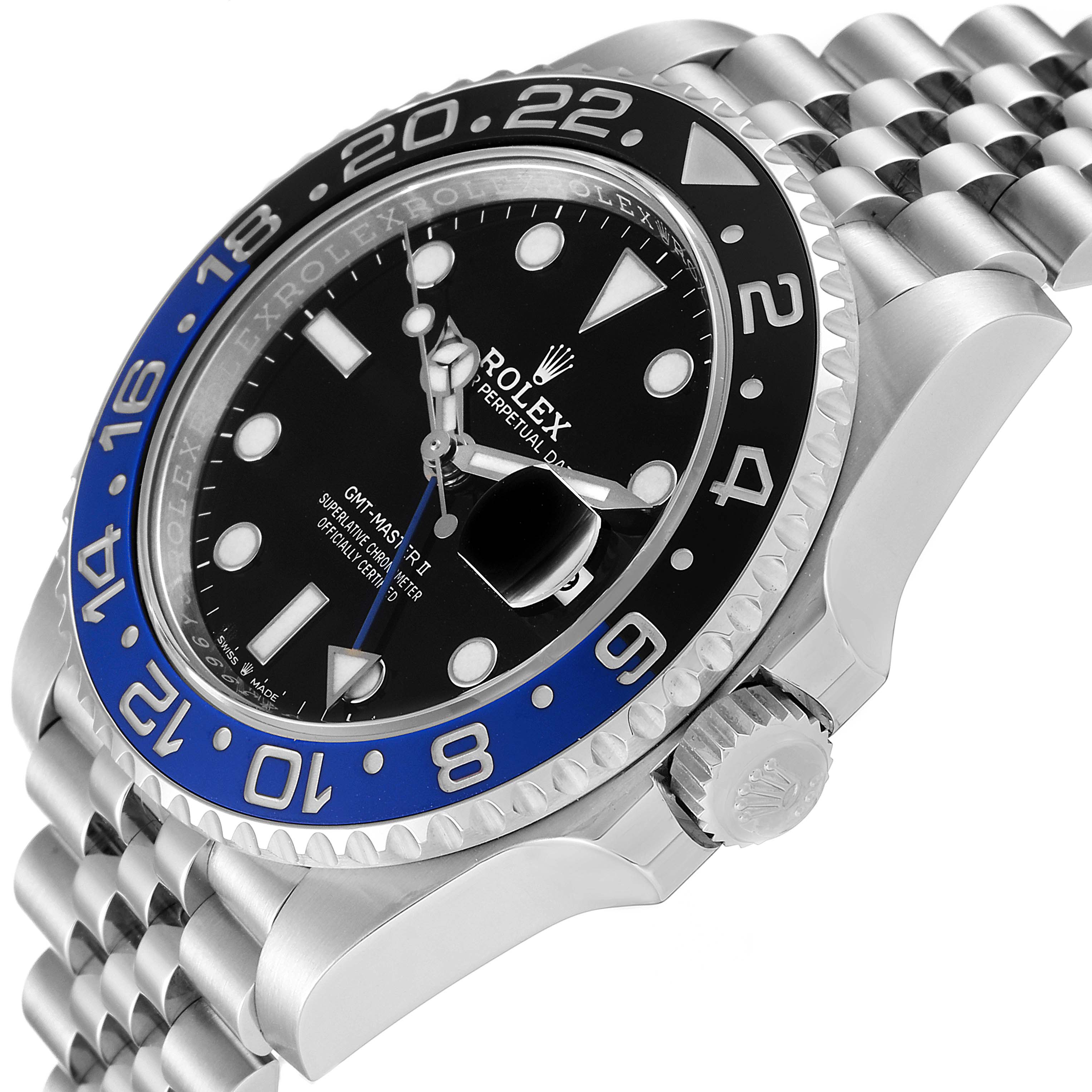The image shows a side angle of a Rolex GMT-Master 126710 Men's Stainless Steel Black Dial 126710 Men's Stainless Steel Black Dial watch, highlighting its bezel, dial, and bracelet.