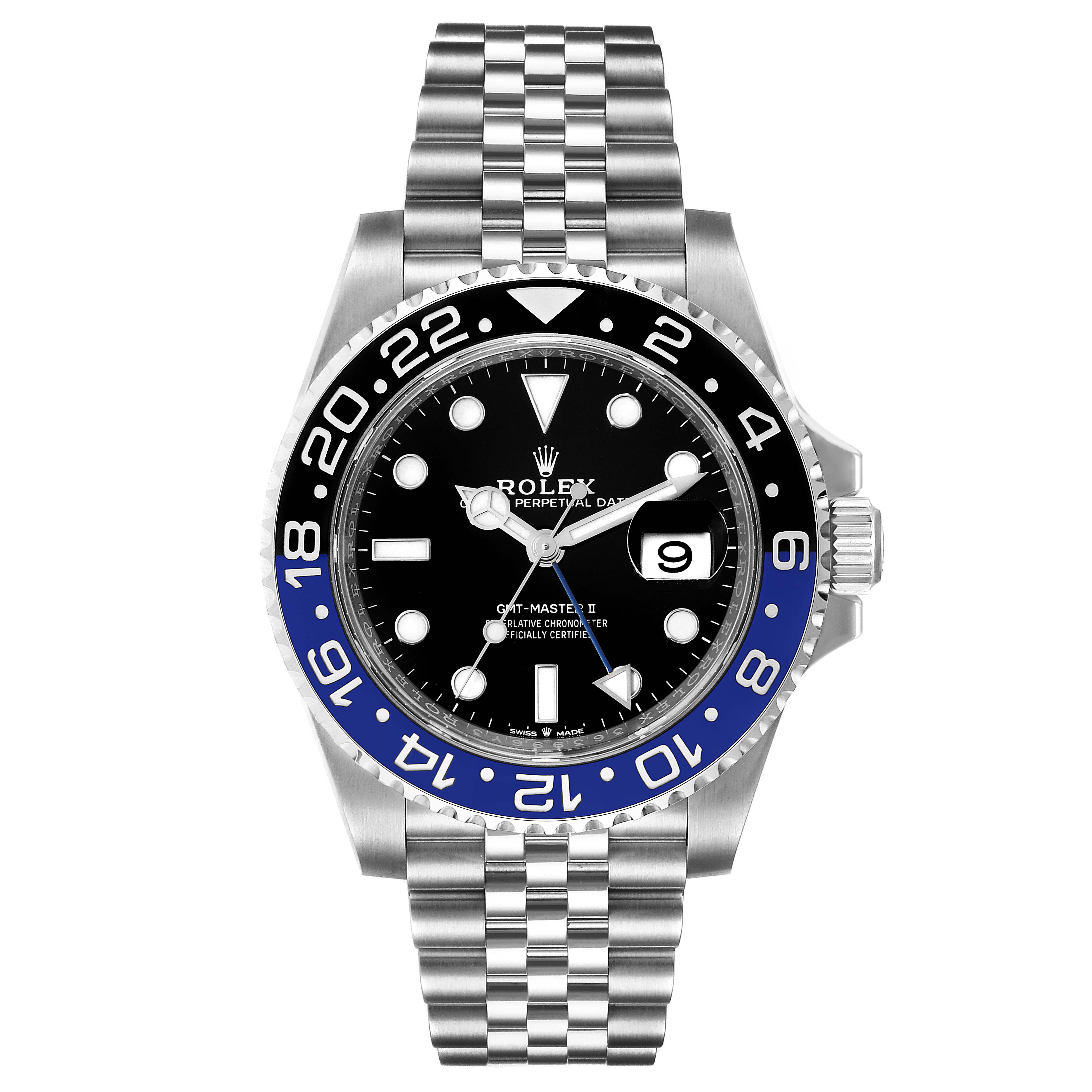 The image shows a front view of a Rolex GMT-Master 126710 Men's Stainless Steel Black Dial 126710 Men's Stainless Steel Black Dial II watch with a blue and black bezel and stainless steel bracelet.