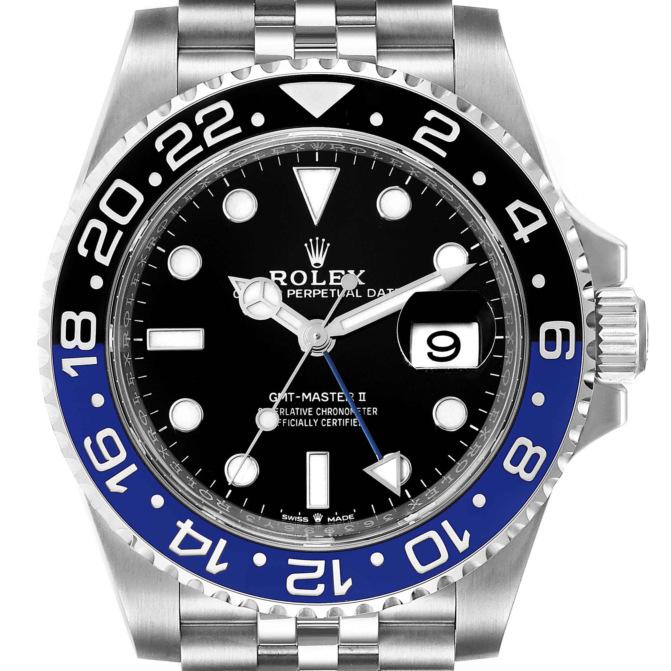 This image shows a front view of the Rolex GMT-Master 126710 Men's Stainless Steel Black Dial 126710 Men's Stainless Steel Black Dial II watch face and part of the bracelet.