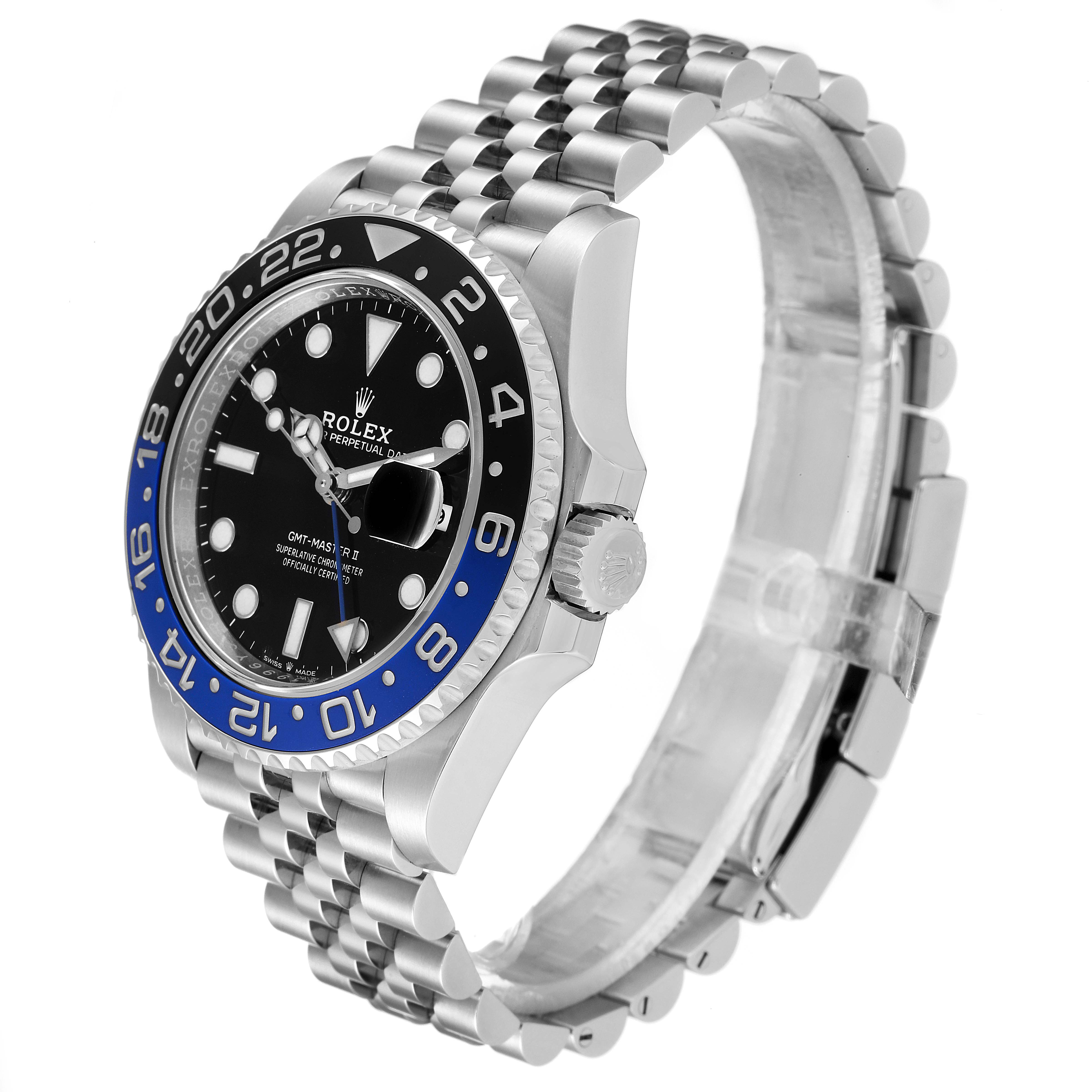 This image shows a side angle of the Rolex GMT-Master 126710 Men's Stainless Steel Black Dial 126710 Men's Stainless Steel Black Dial watch, highlighting its bezel, dial, and jubilee bracelet.