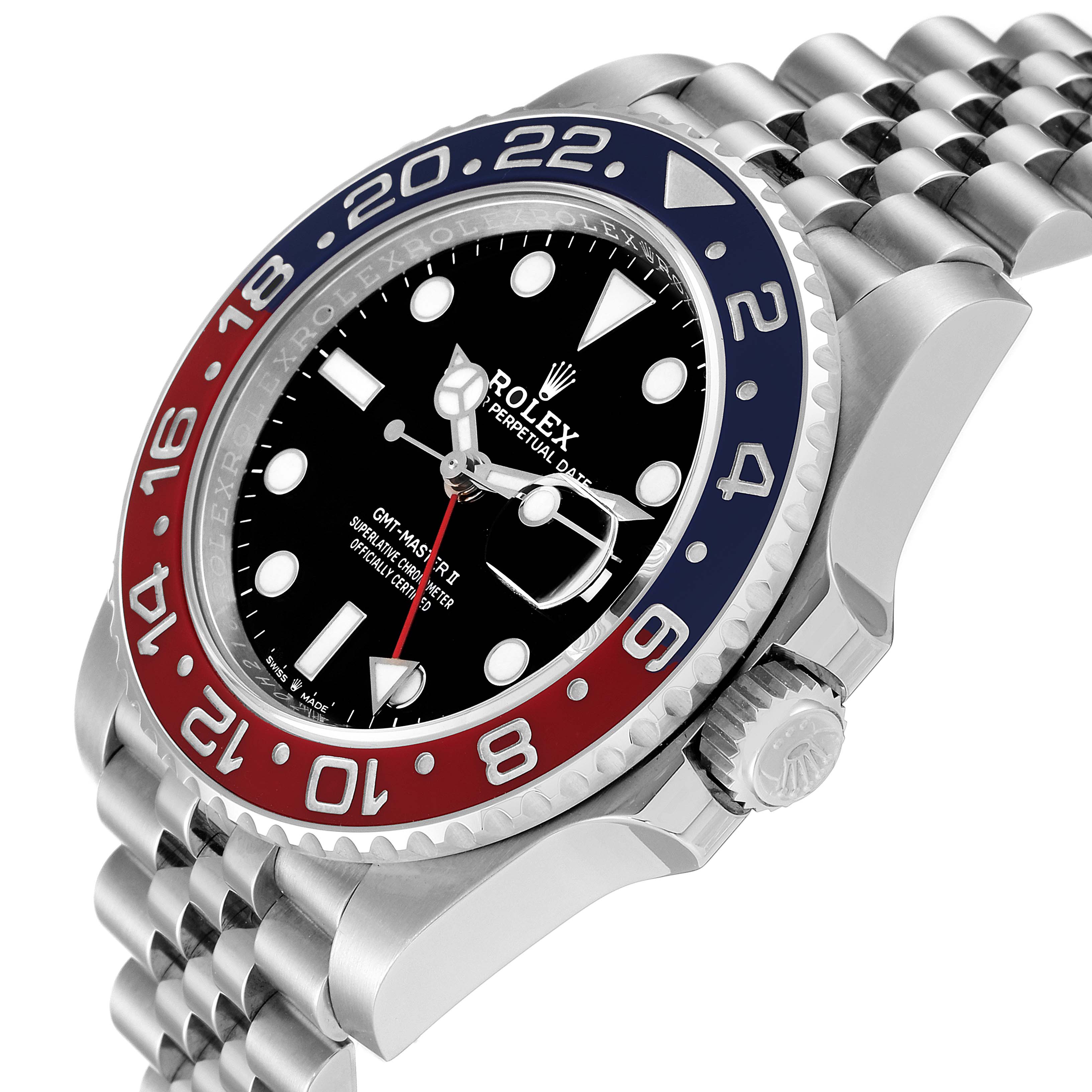 The image shows a Rolex GMT-Master 126710 Men
s Stainless Steel Black Dial 126710 Men
s Stainless Steel Black Dial II watch at an oblique angle, highlighting the bezel, crown, dial, and part of the bracelet.