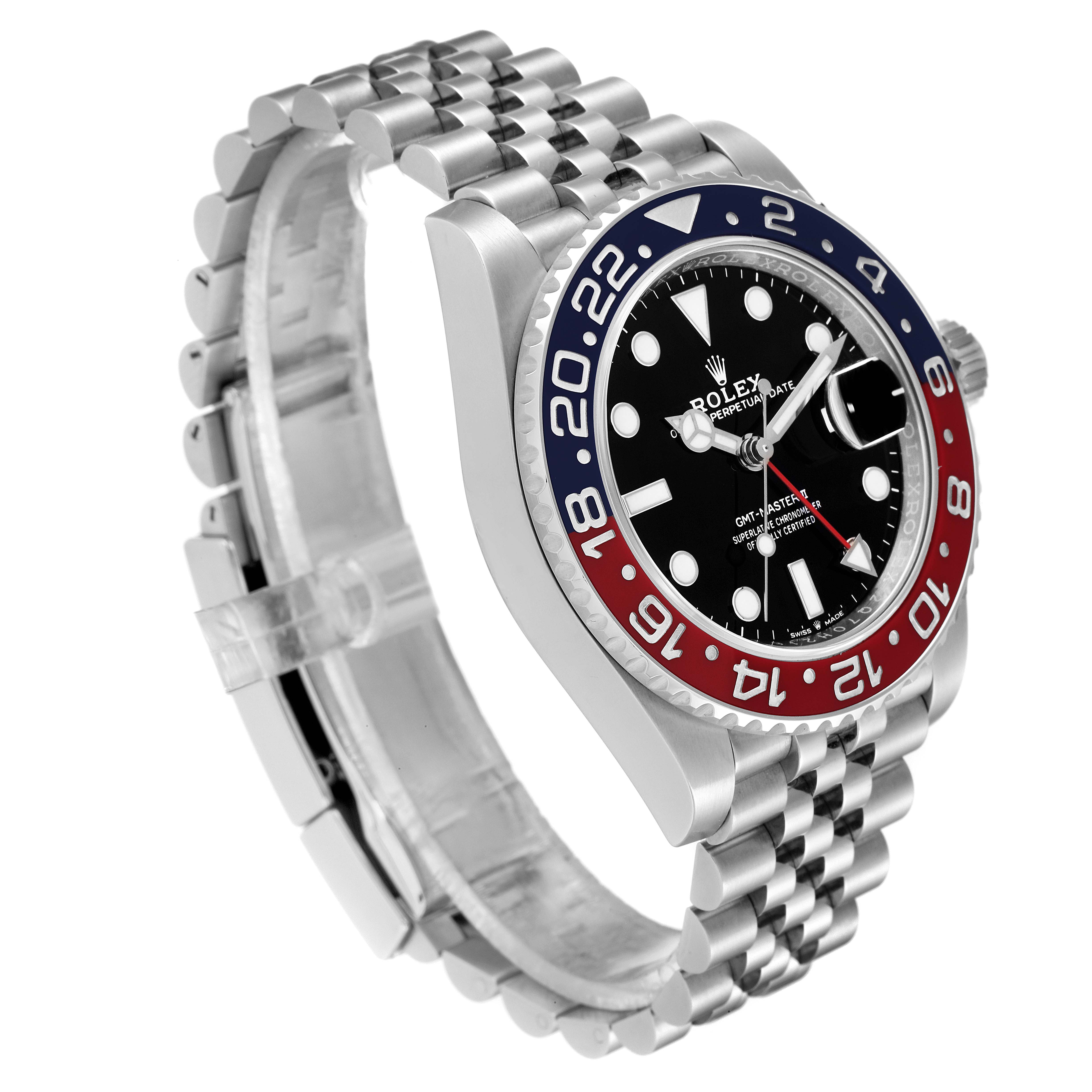 The image shows a Rolex GMT-Master 126710 Men
s Stainless Steel Black Dial 126710 Men
s Stainless Steel Black Dial watch at a slight side angle, highlighting the bezel, dial, and Jubilee bracelet.